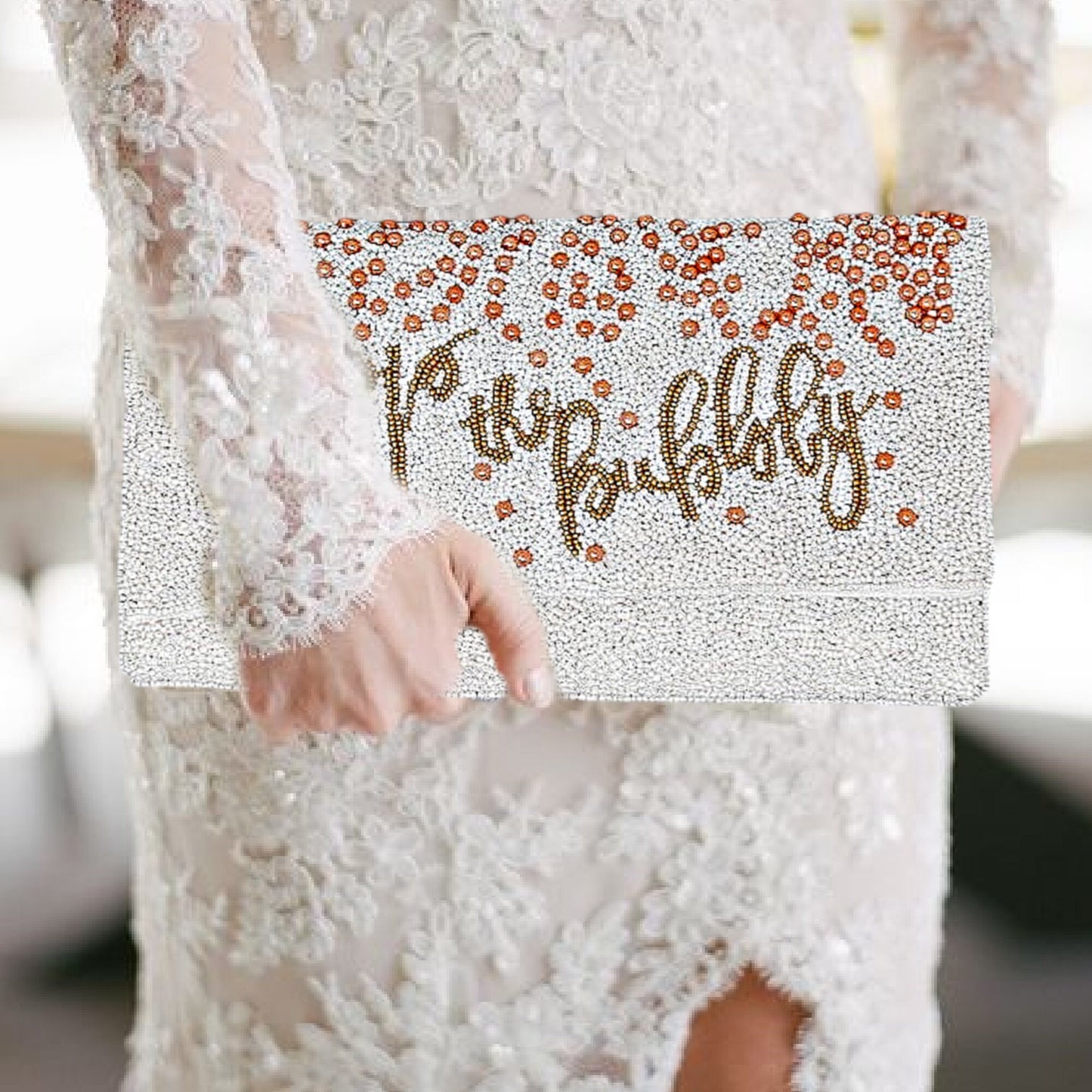 Pop The Bubbly White Champagne Bridal Beaded Crossbody Chain Clutch