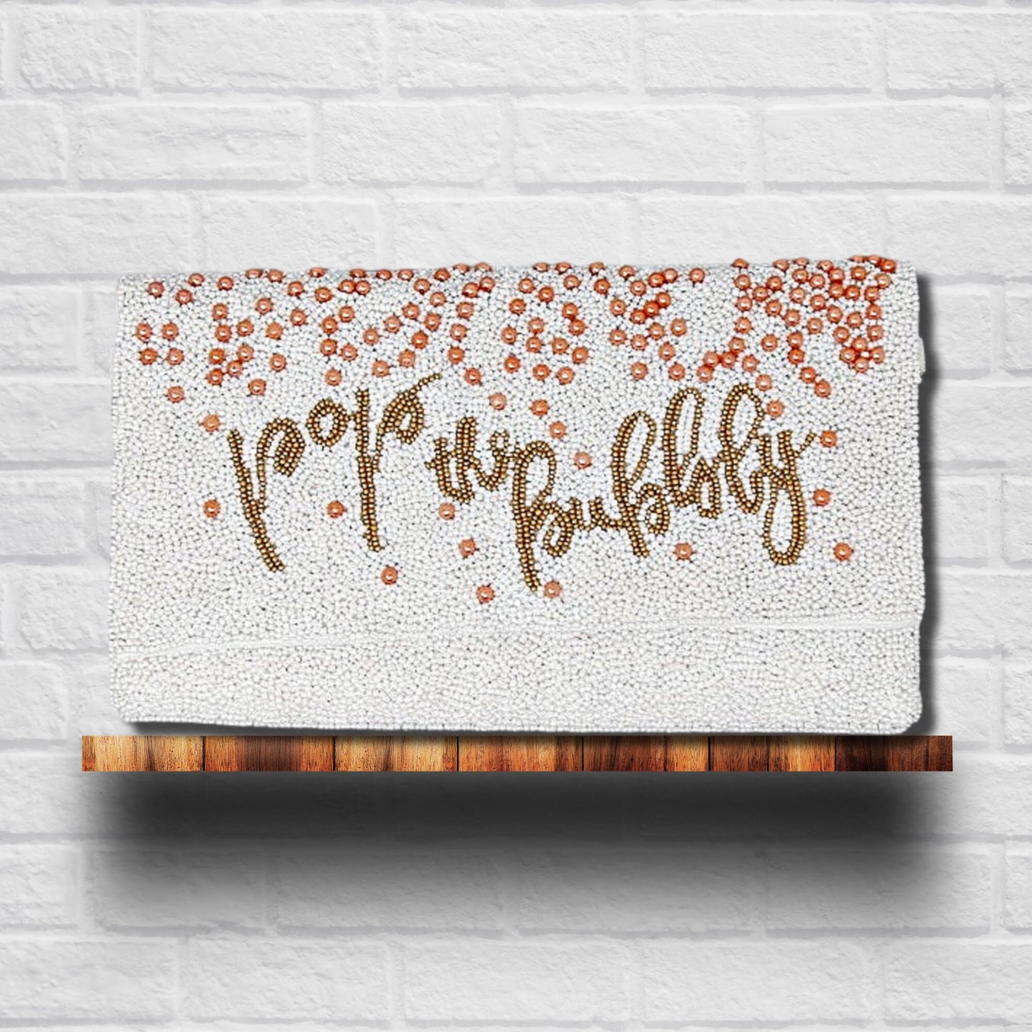 Pop The Bubbly White Champagne Bridal Beaded Crossbody Chain Clutch