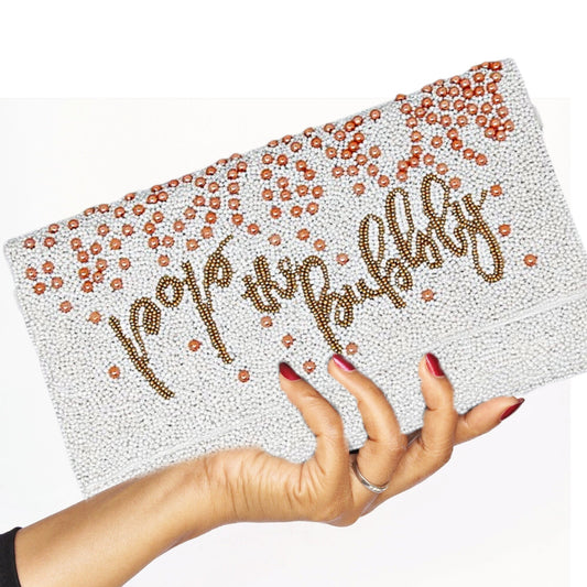 Pop The Bubbly White Champagne Bridal Beaded Crossbody Chain Clutch