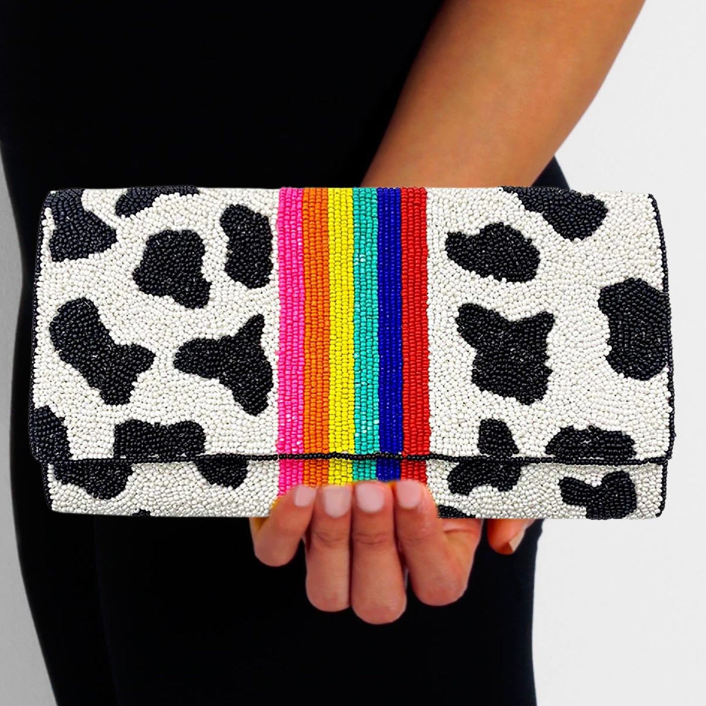 Fully Beaded Rainbow Striped Crossbody Clutch Handbag