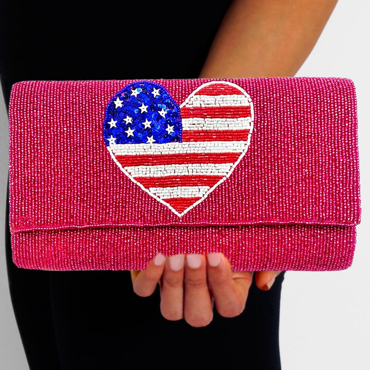 I Heart USA Patriotic Beaded Crossbody Clutch Handbag