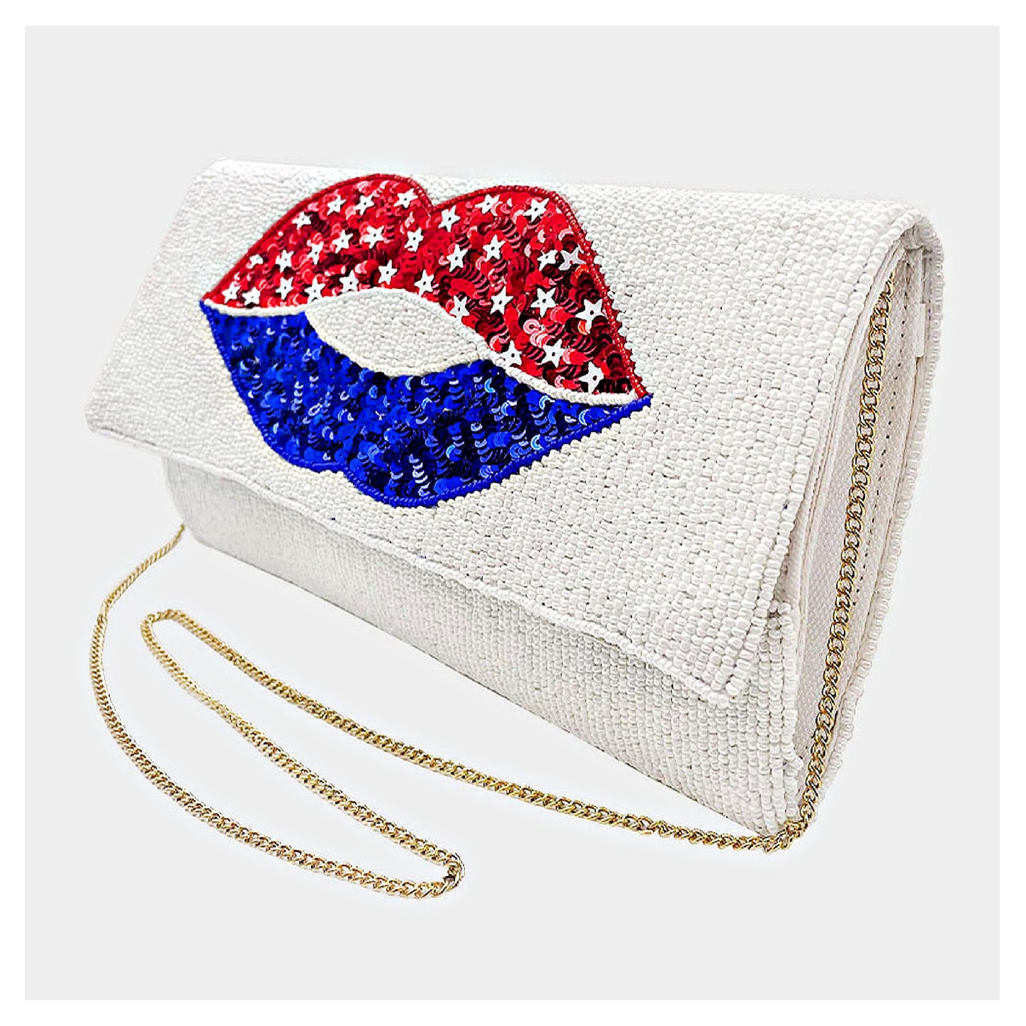 American Kiss USA Sequin Lips Patriotic Beaded Crossbody Clutch