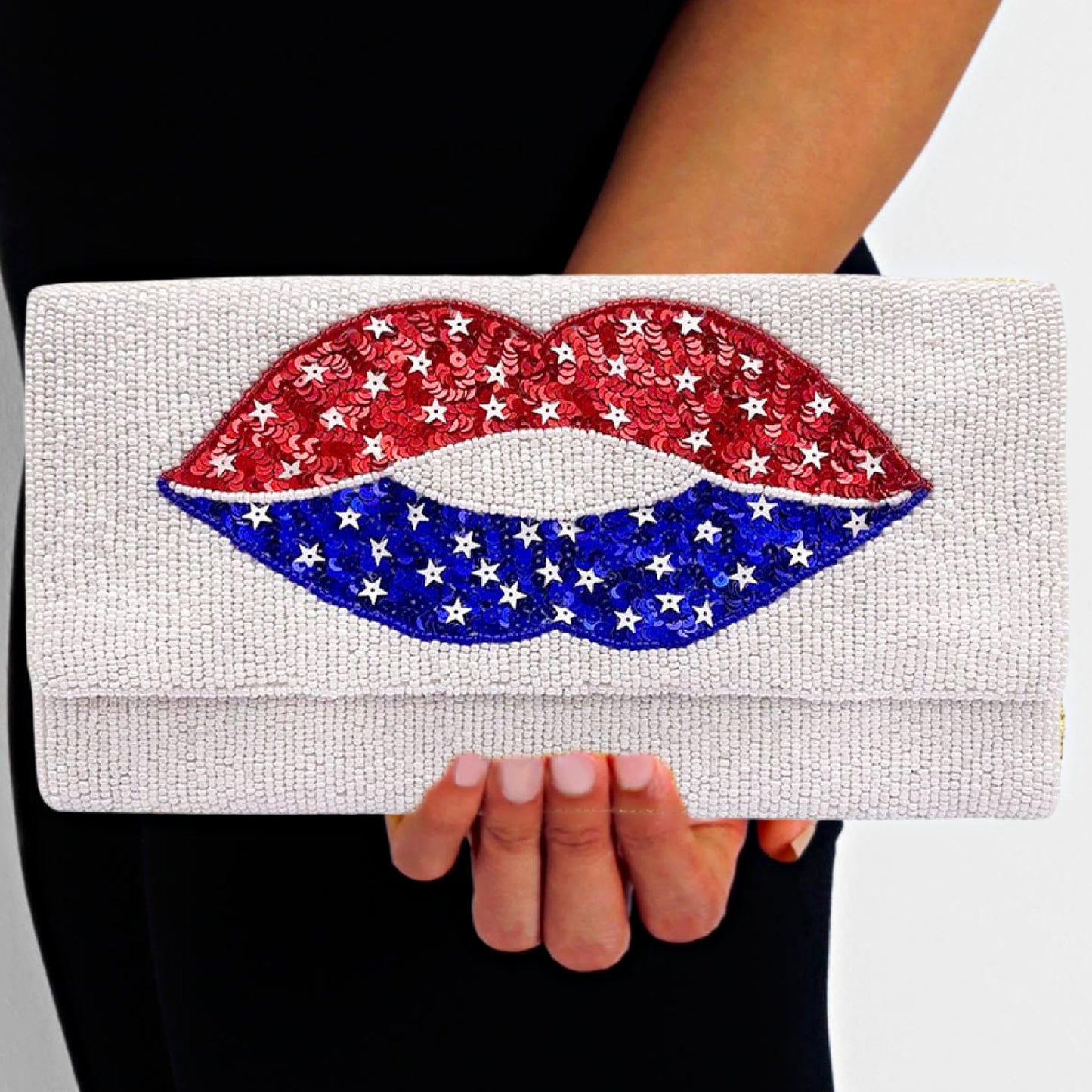 American Kiss USA Sequin Lips Patriotic Beaded Crossbody Clutch