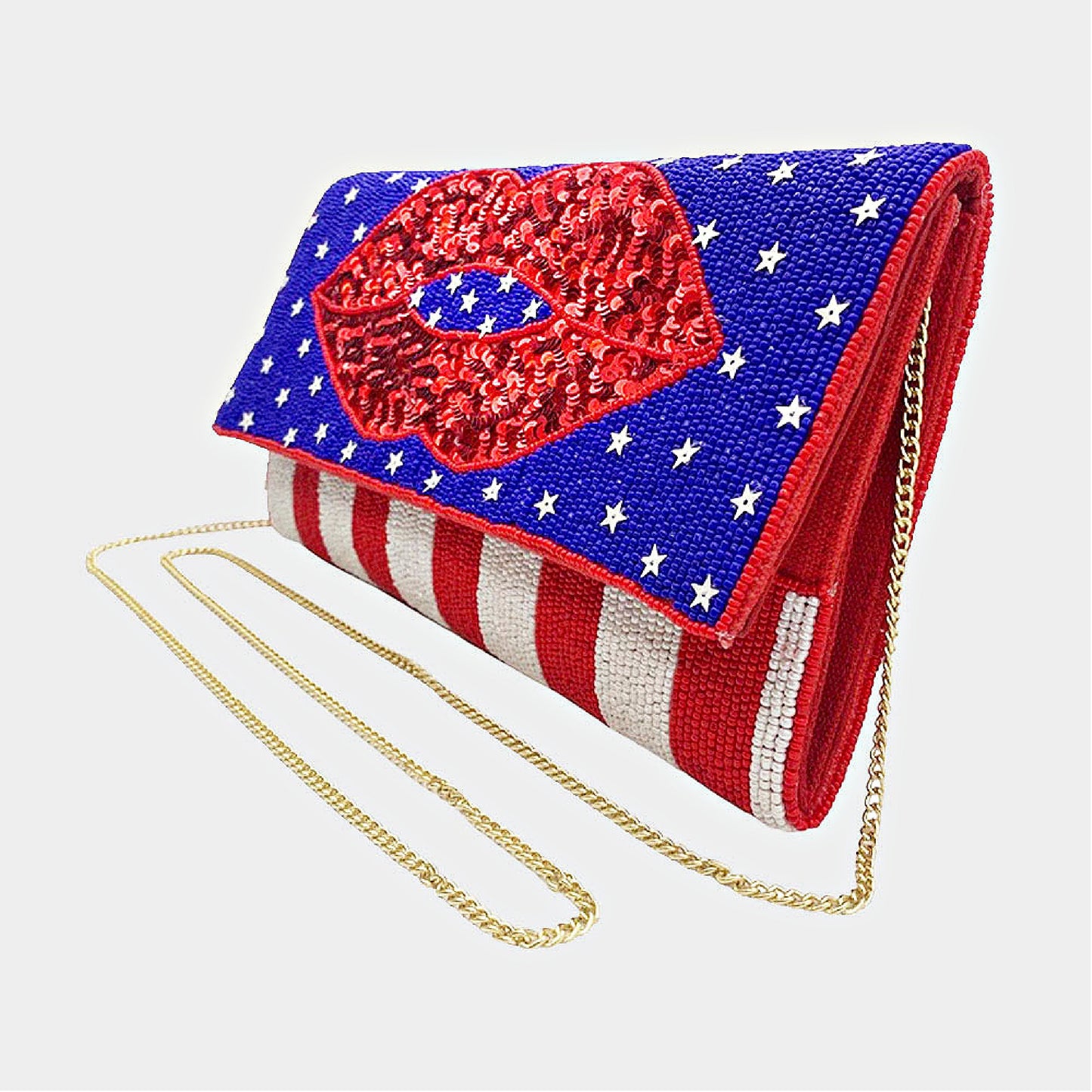 American Kiss USA Sequin Lips Patriotic Beaded Crossbody Clutch