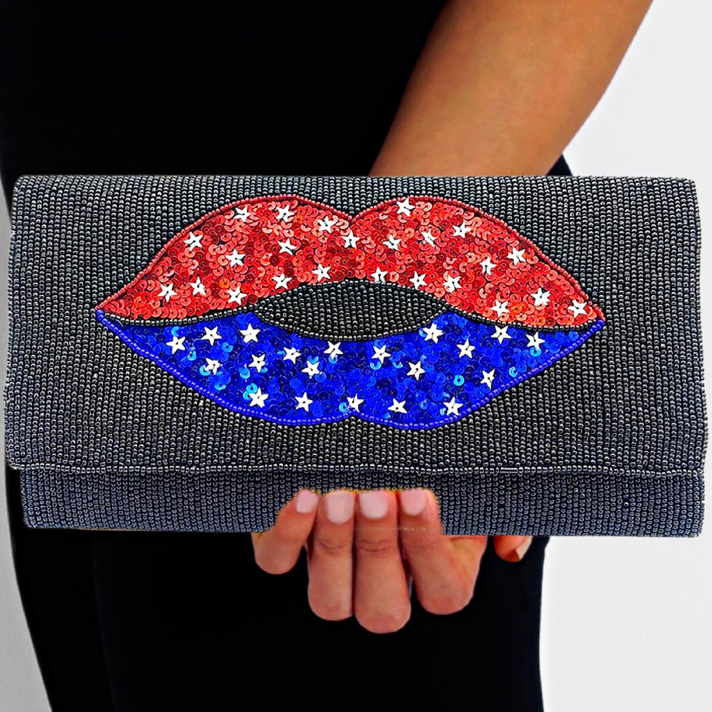 American Kiss USA Sequin Lips Patriotic Beaded Crossbody Clutch