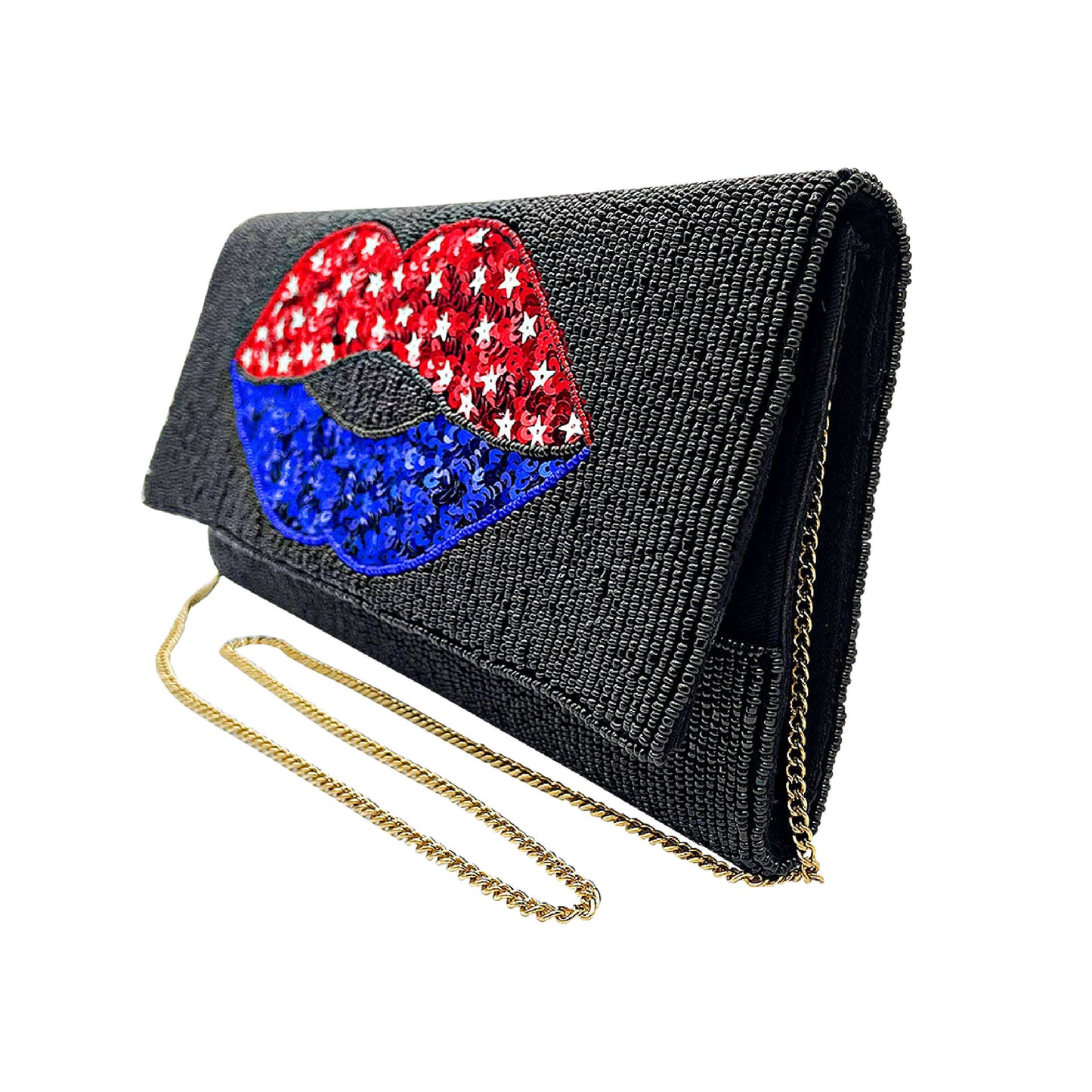 American Kiss USA Sequin Lips Patriotic Beaded Crossbody Clutch