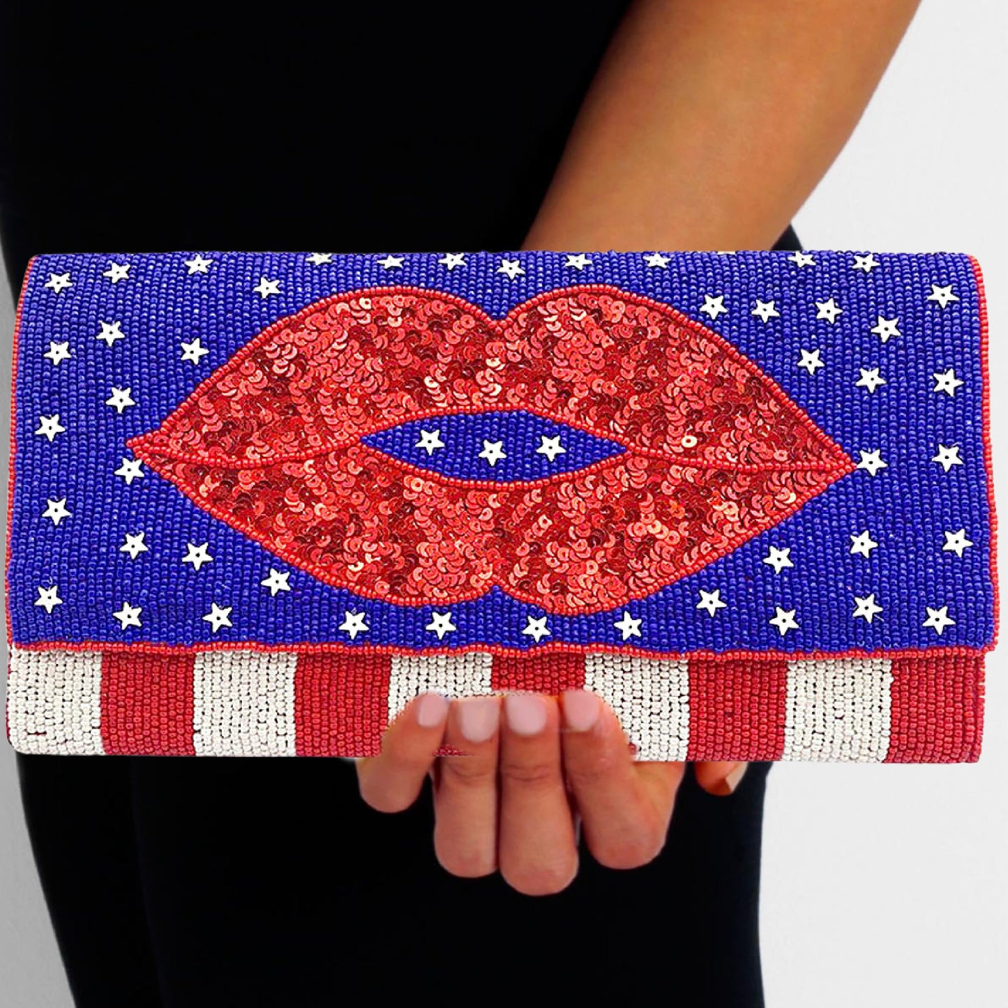 American Kiss USA Sequin Lips Patriotic Beaded Crossbody Clutch