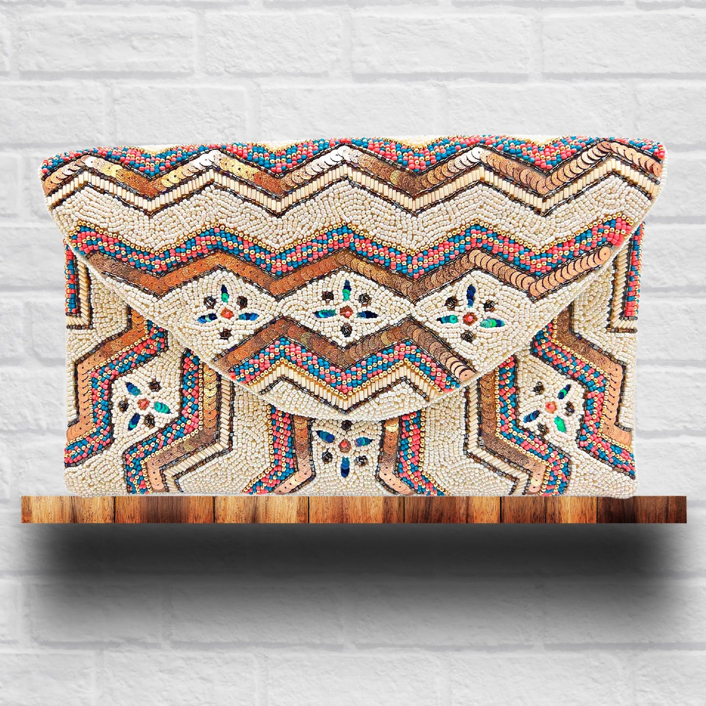 Zoe Zig-Zag Gold Chevron Beaded Crossbody Clutch Handbag