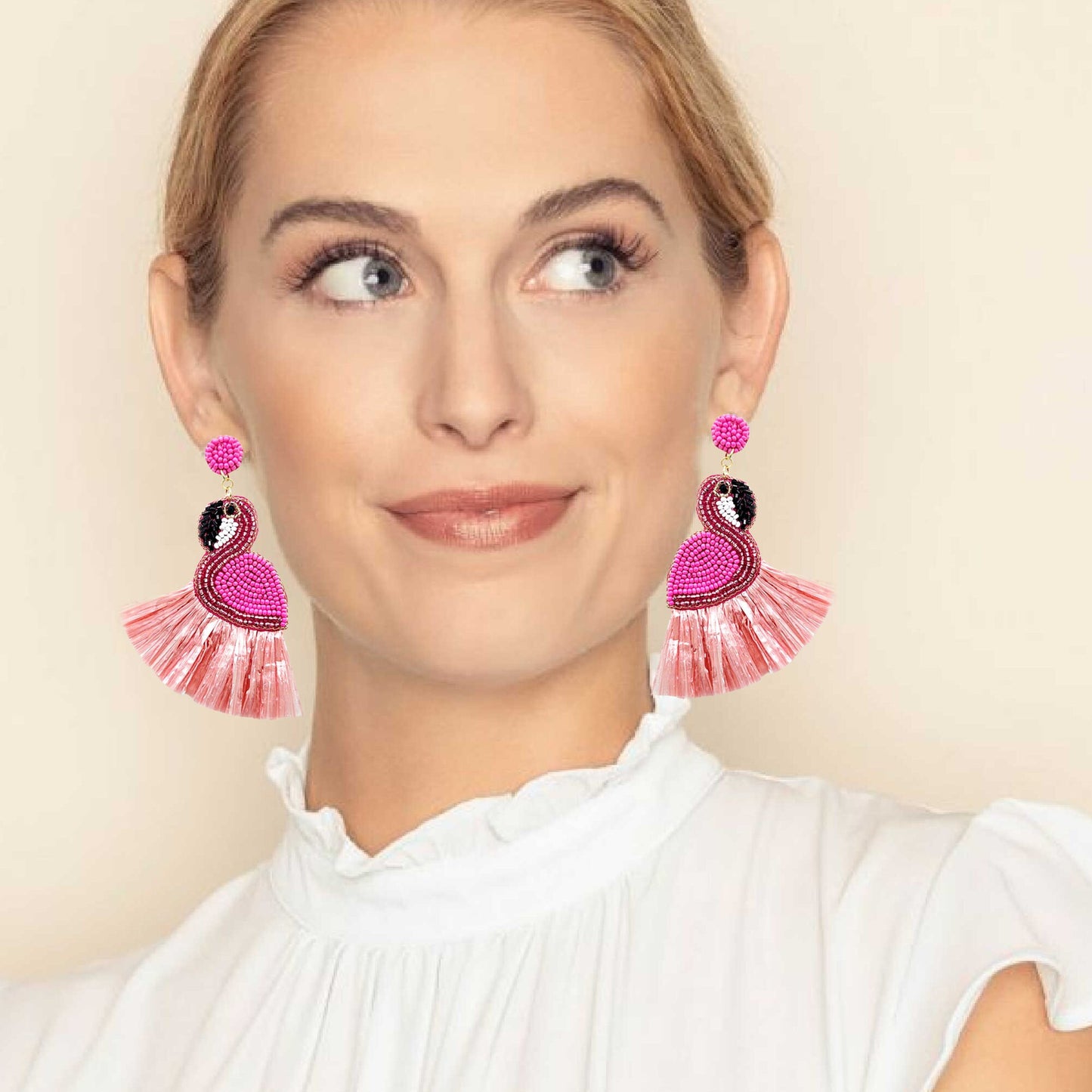 Pink Flamingo Bead Raffia Fringe Tropical Bird Earrings