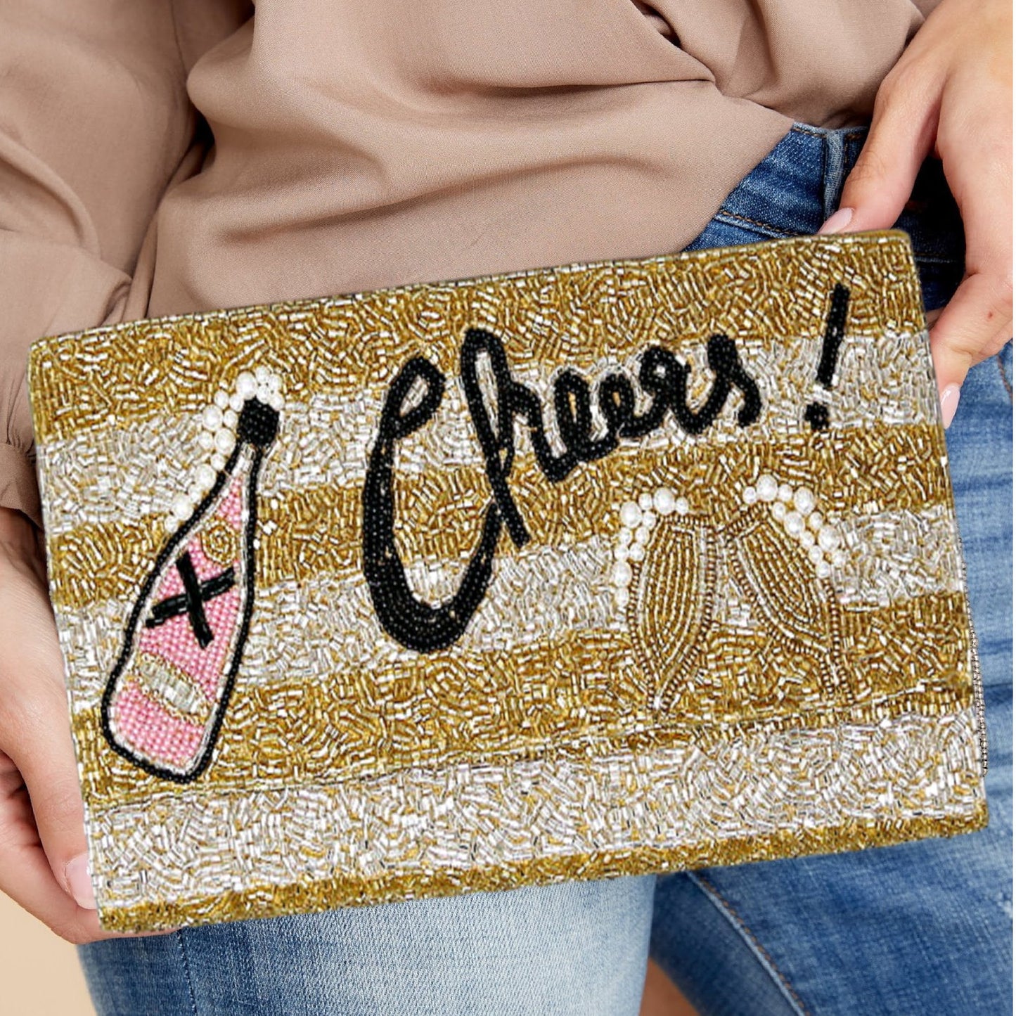 CHEERS Gold Black Champagne Bottle Beaded Clutch Crossbody Handbag