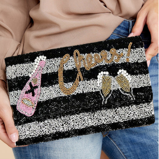 CHEERS Gold Black Champagne Bottle Beaded Clutch Crossbody Handbag