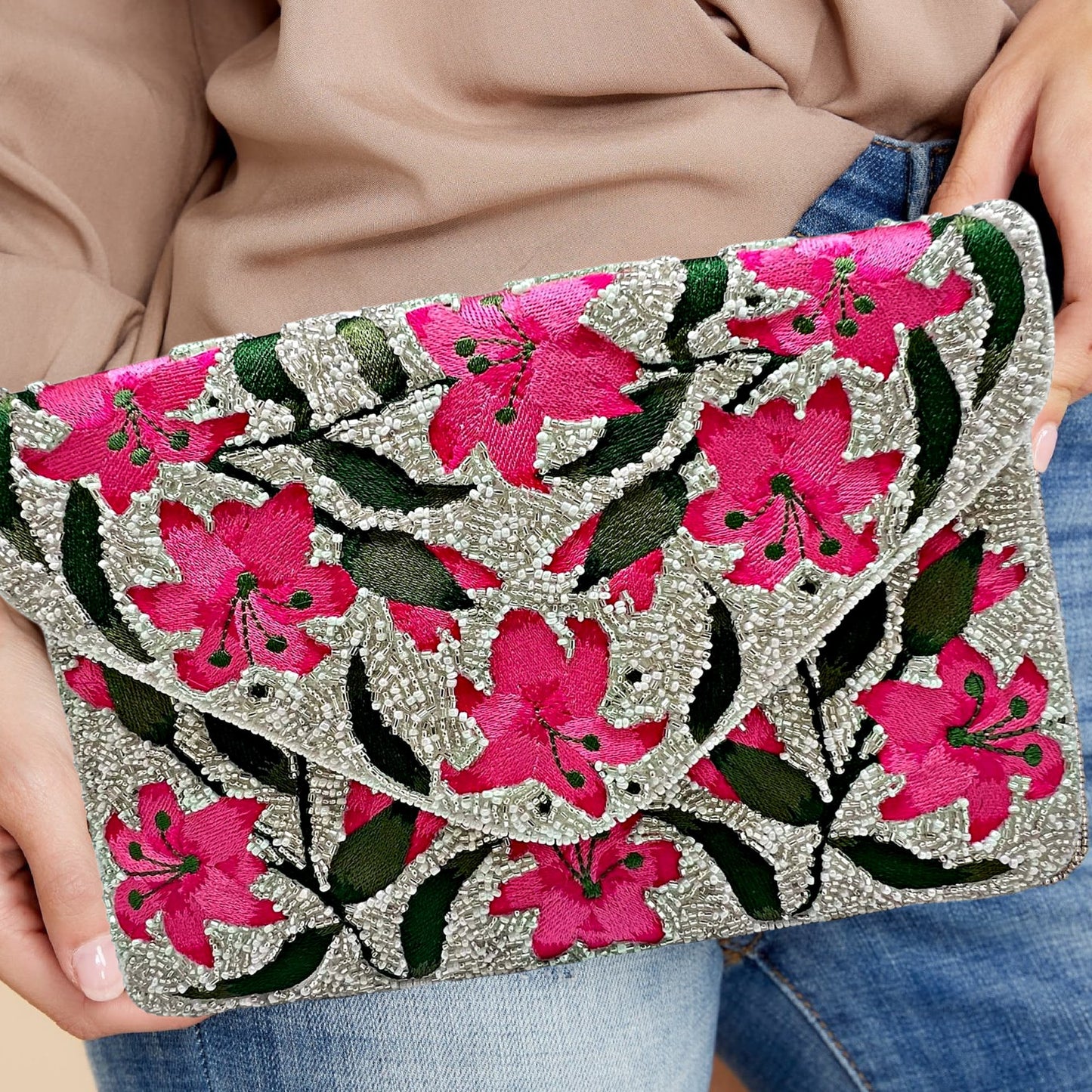 Pink Water Lily Beaded Crossbody Clutch Handbag