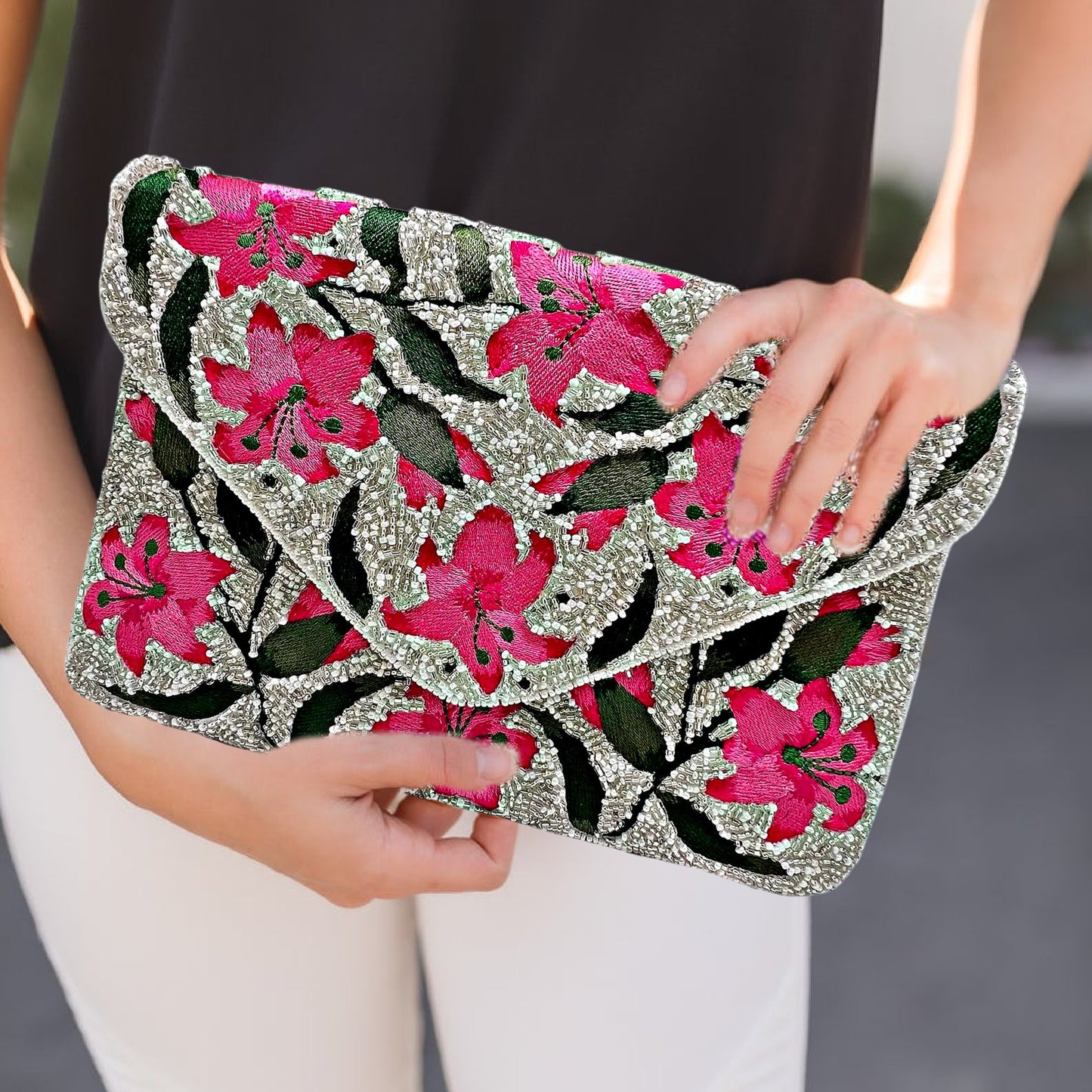 Pink Water Lily Beaded Crossbody Clutch Handbag