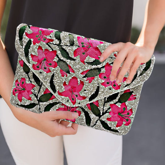 Pink Water Lily Beaded Crossbody Clutch Handbag