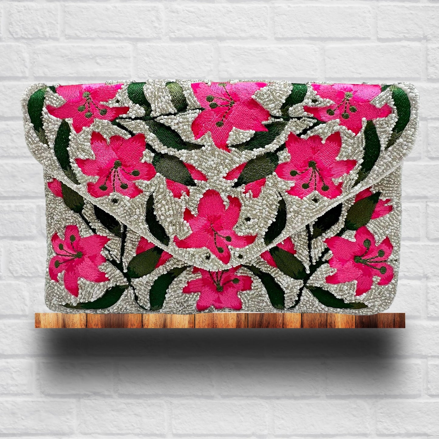 Pink Water Lily Beaded Crossbody Clutch Handbag