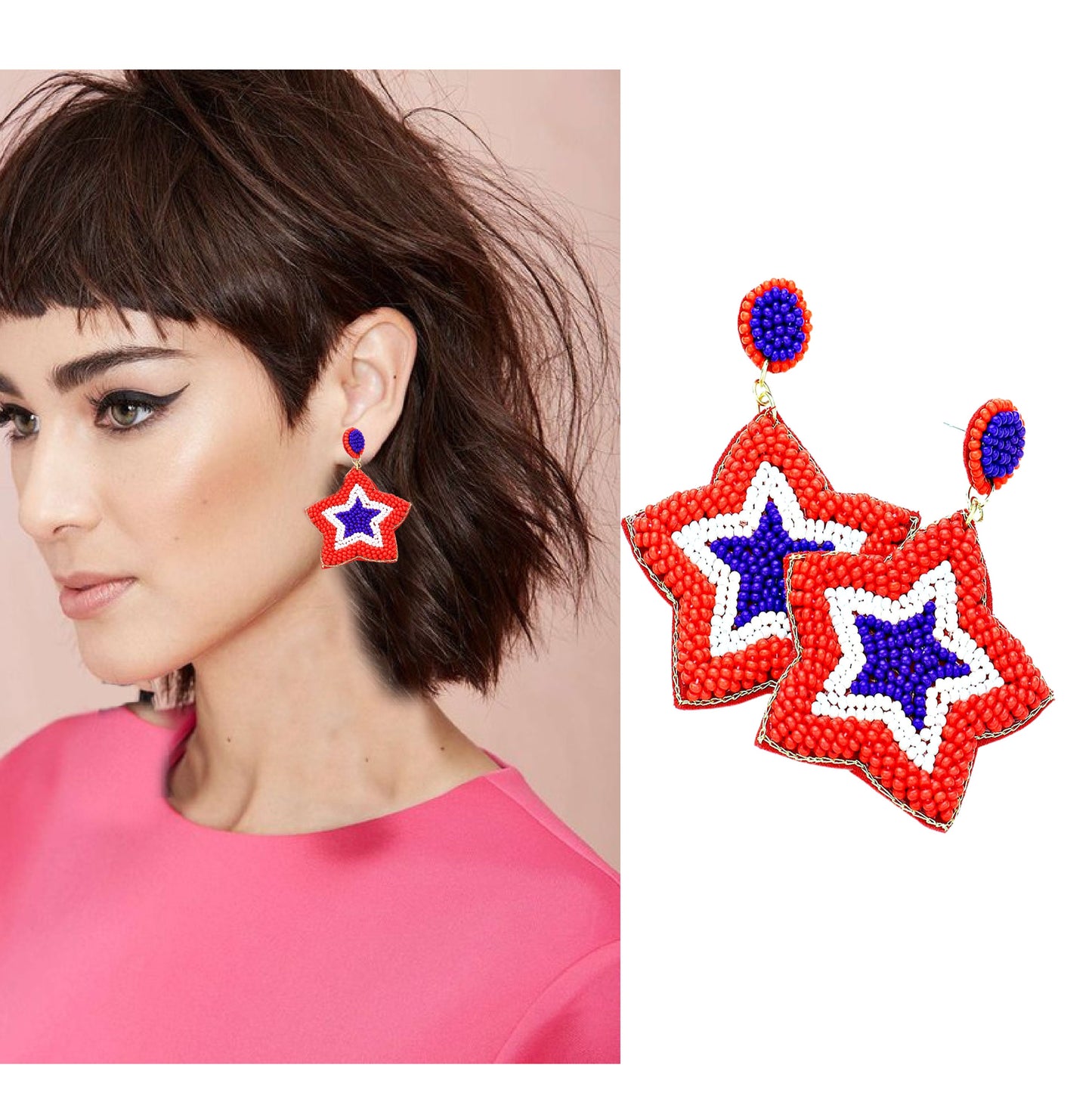 STAR USA American Flag Red White Blue Beaded Earrings