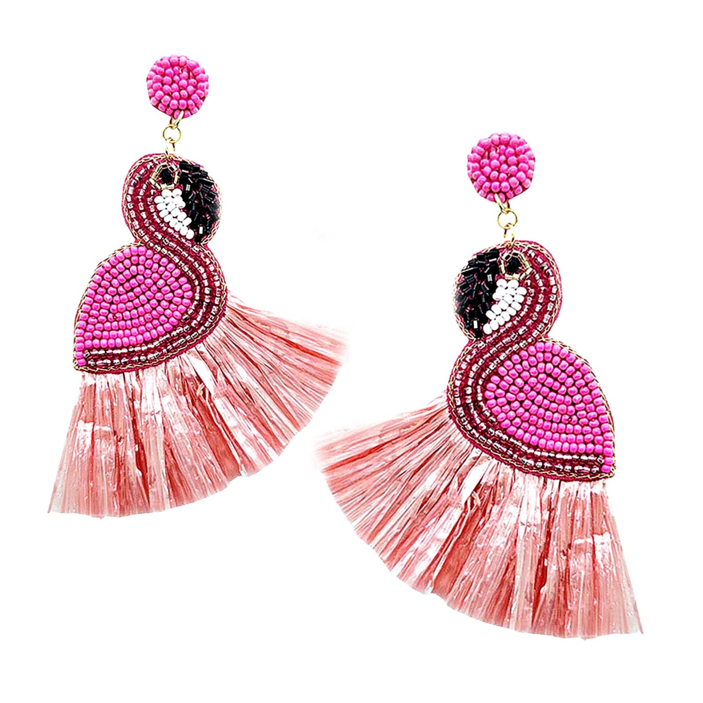 Pink Flamingo Bead Raffia Fringe Tropical Bird Earrings