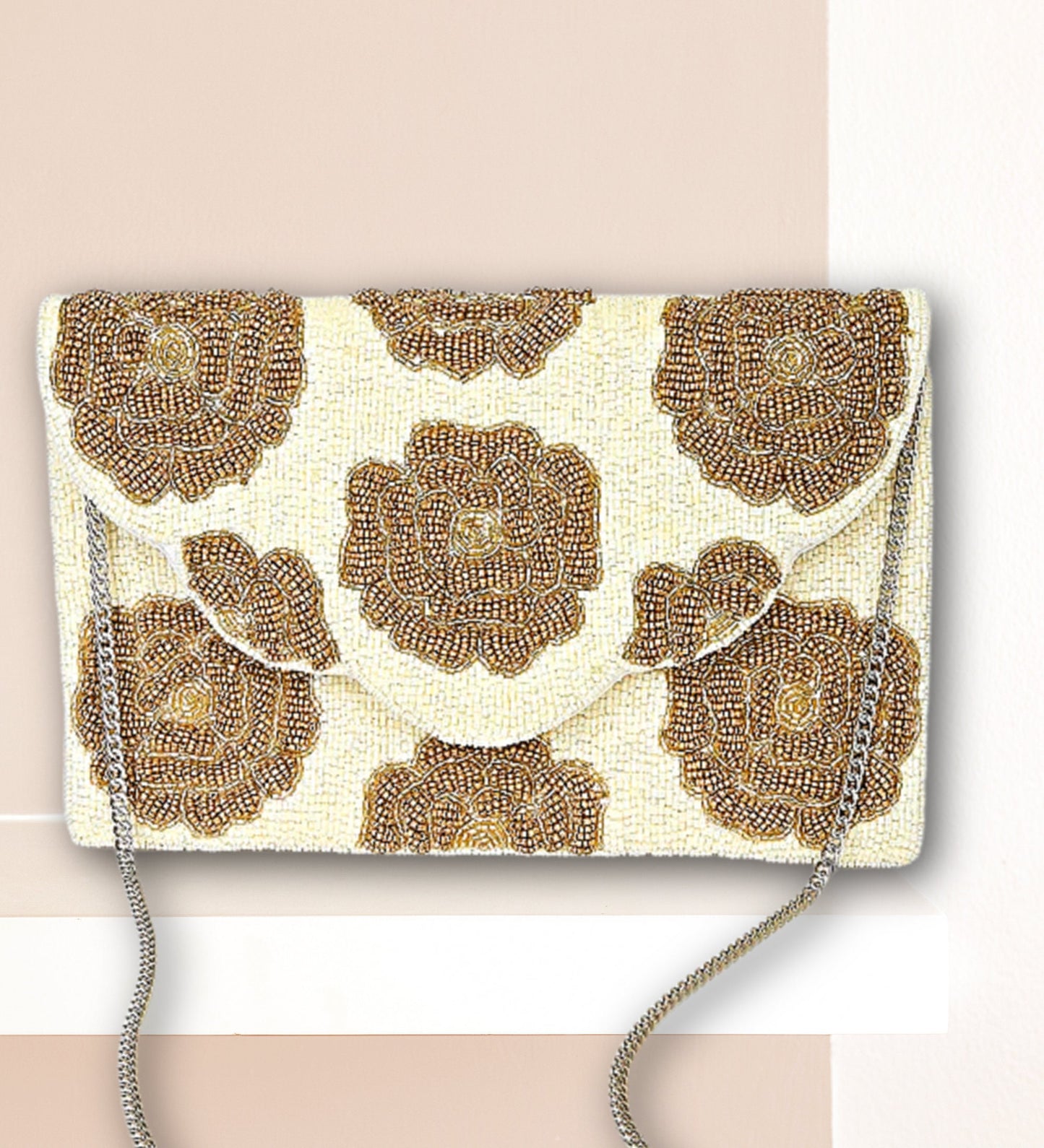 White Gold Rose Beaded Crossbody Clutch Handbag