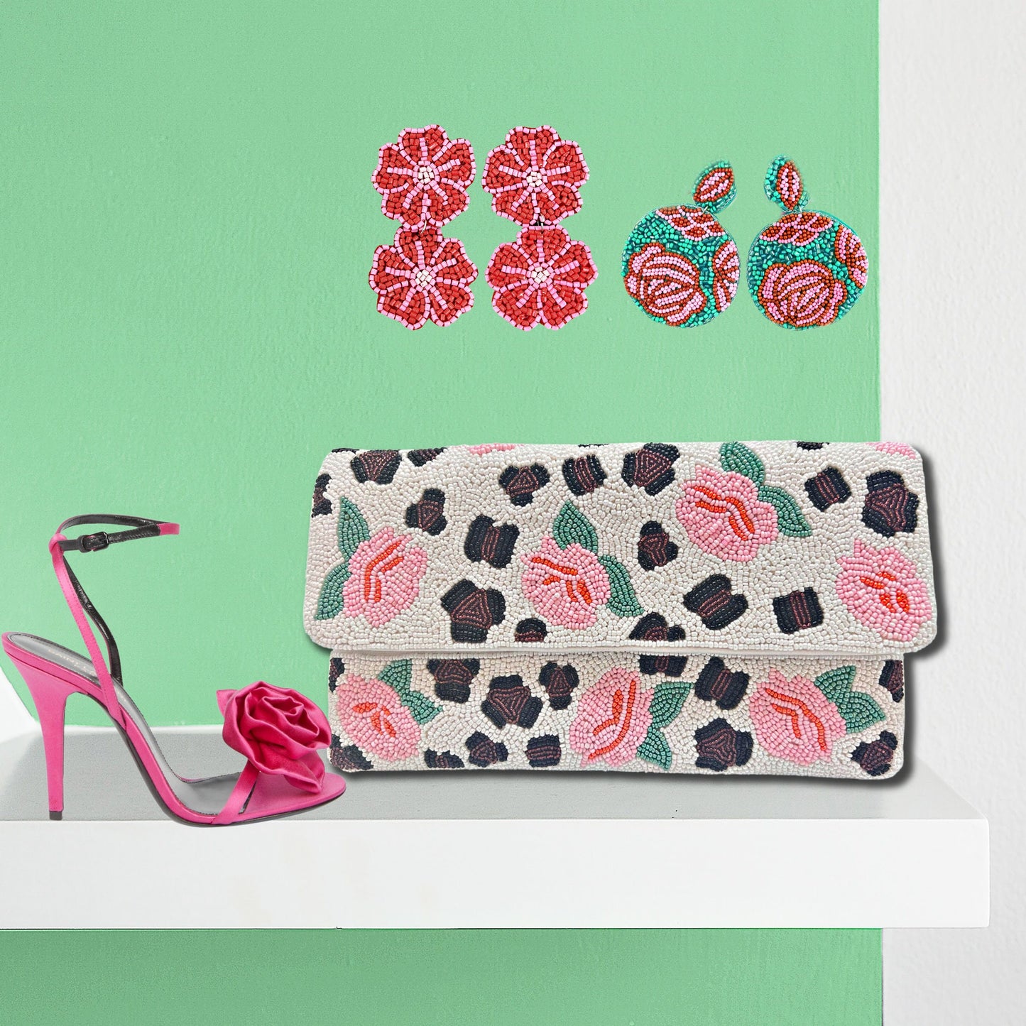 Wild Roses Leopard Beaded Crossbody Clutch Handbag