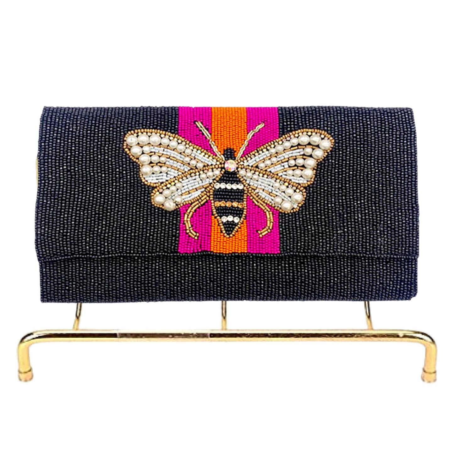 Pearl Winged Bee Striped Seed Beaded Crossbody Clutch Handbag