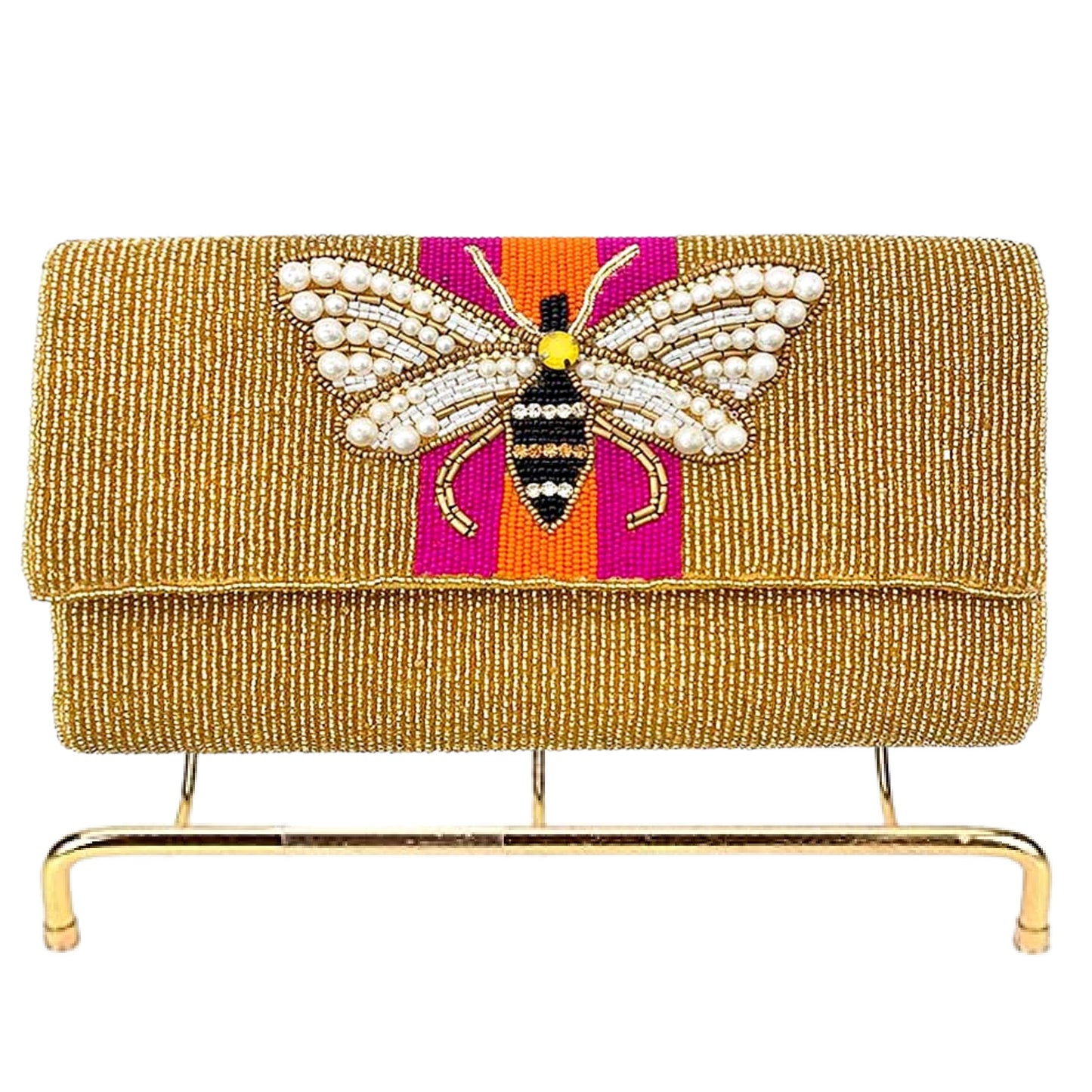 Pearl Winged Bee Striped Seed Beaded Crossbody Clutch Handbag