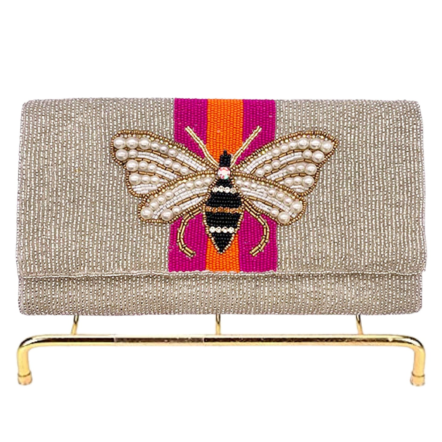 Pearl Winged Bee Striped Seed Beaded Crossbody Clutch Handbag