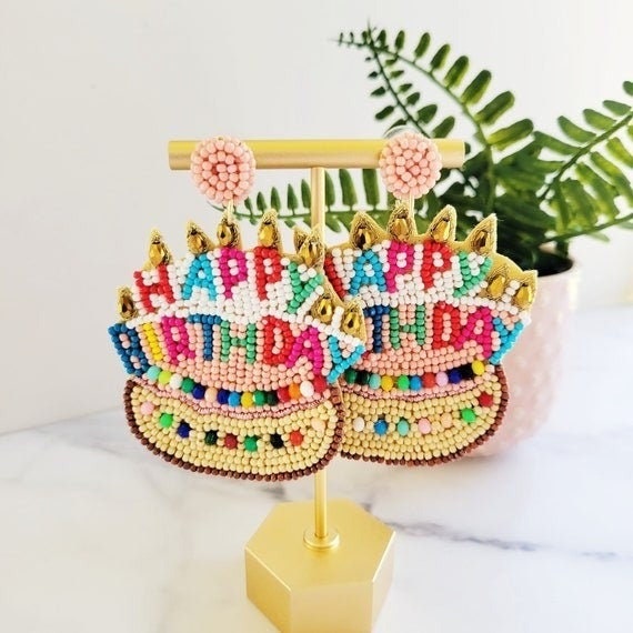 Happy Birthday Layer Cake Celebration Beaded Rhinestone Earrings