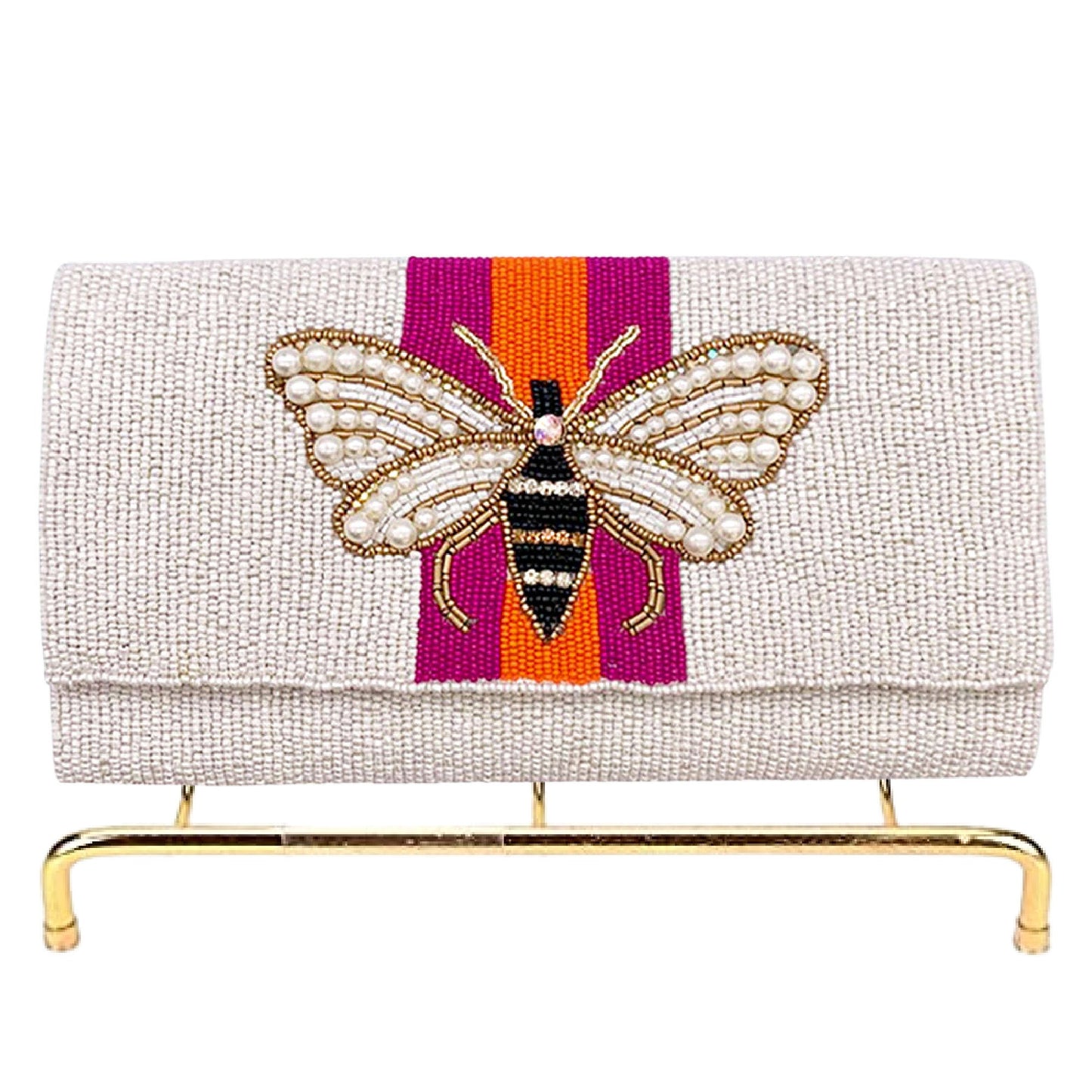Pearl Winged Bee Striped Seed Beaded Crossbody Clutch Handbag