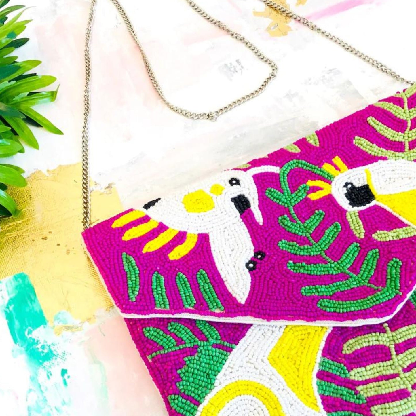 Pink Parrot Tropical Beaded Crossbody Clutch Handbag