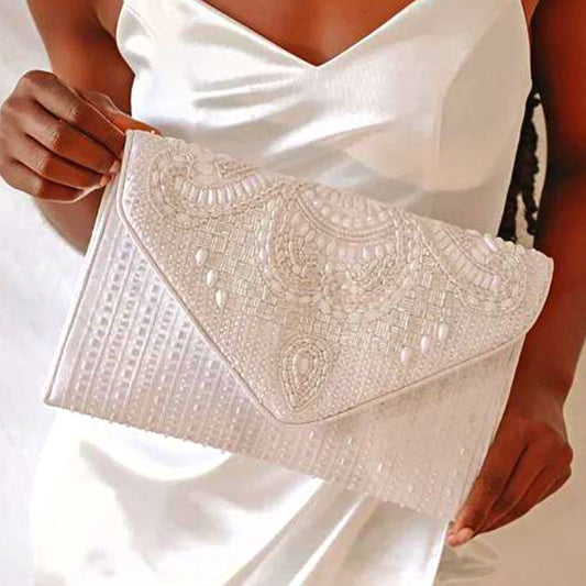 White Bridal Pearl Beaded Bag Clutch Crossbody Handbag