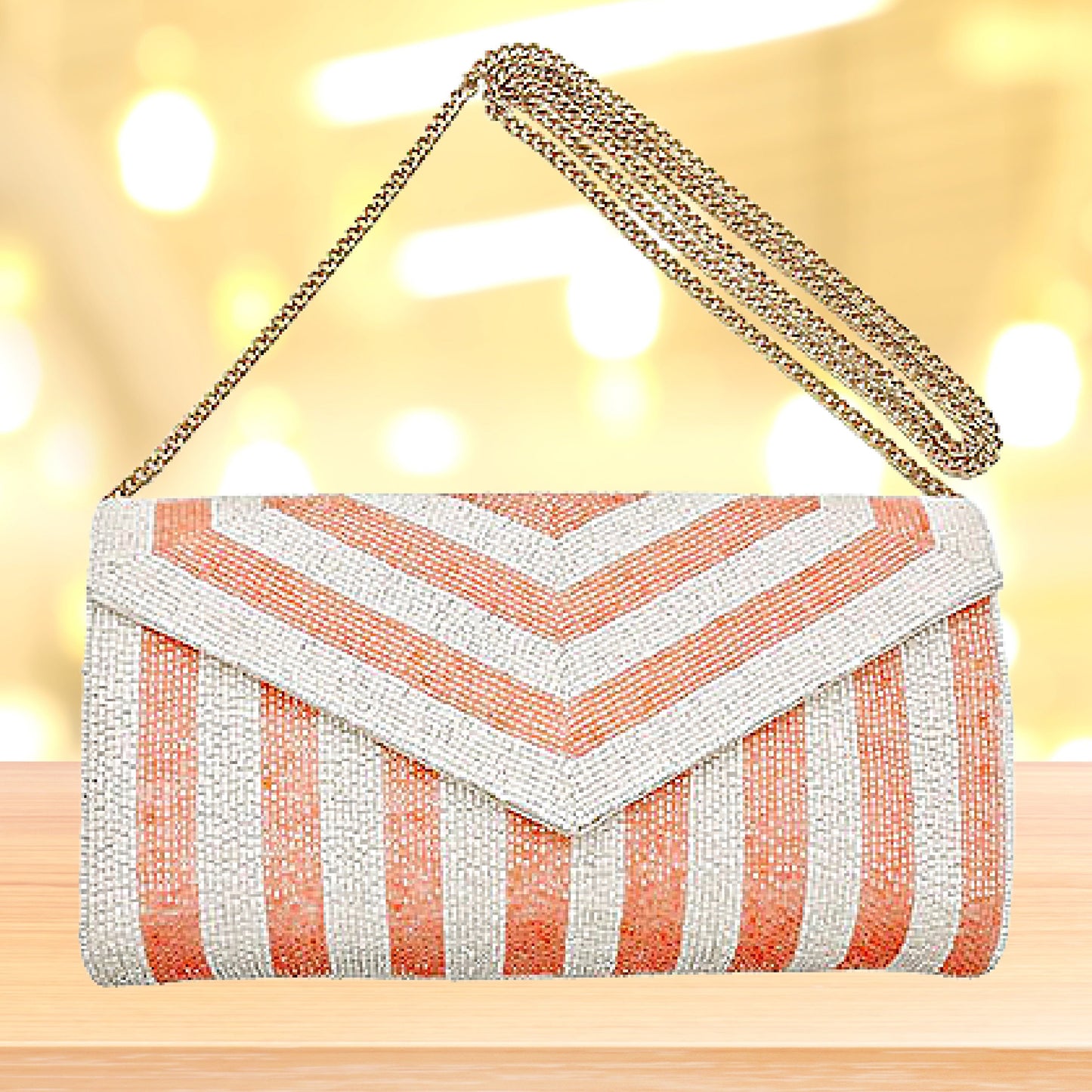 Black Pink Striped Beaded Crossbody Clutch Handbag