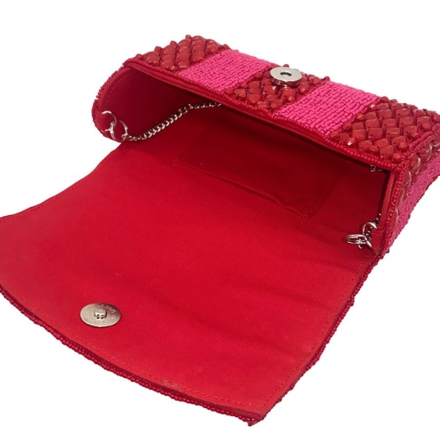 Fuchsia Pink Beaded Small Crossbody Chain Clutch Bag Handbag