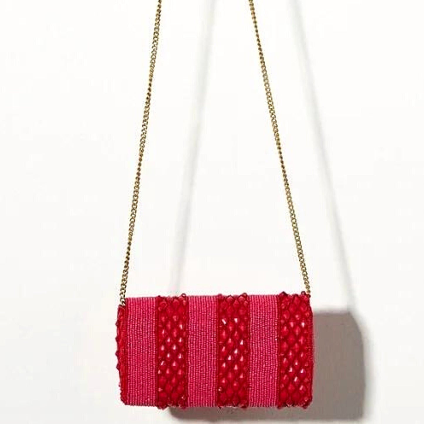 Fuchsia Pink Beaded Small Crossbody Chain Clutch Bag Handbag