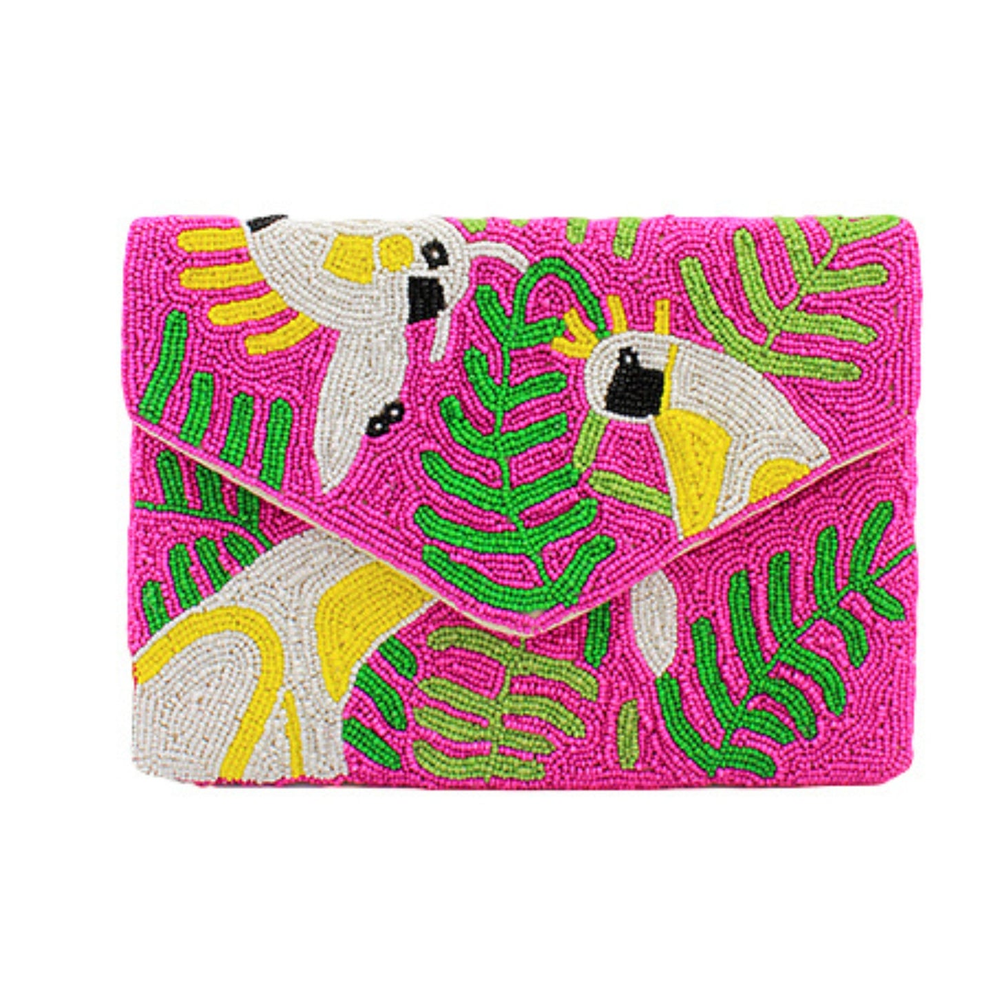 Pink Parrot Tropical Beaded Crossbody Clutch Handbag