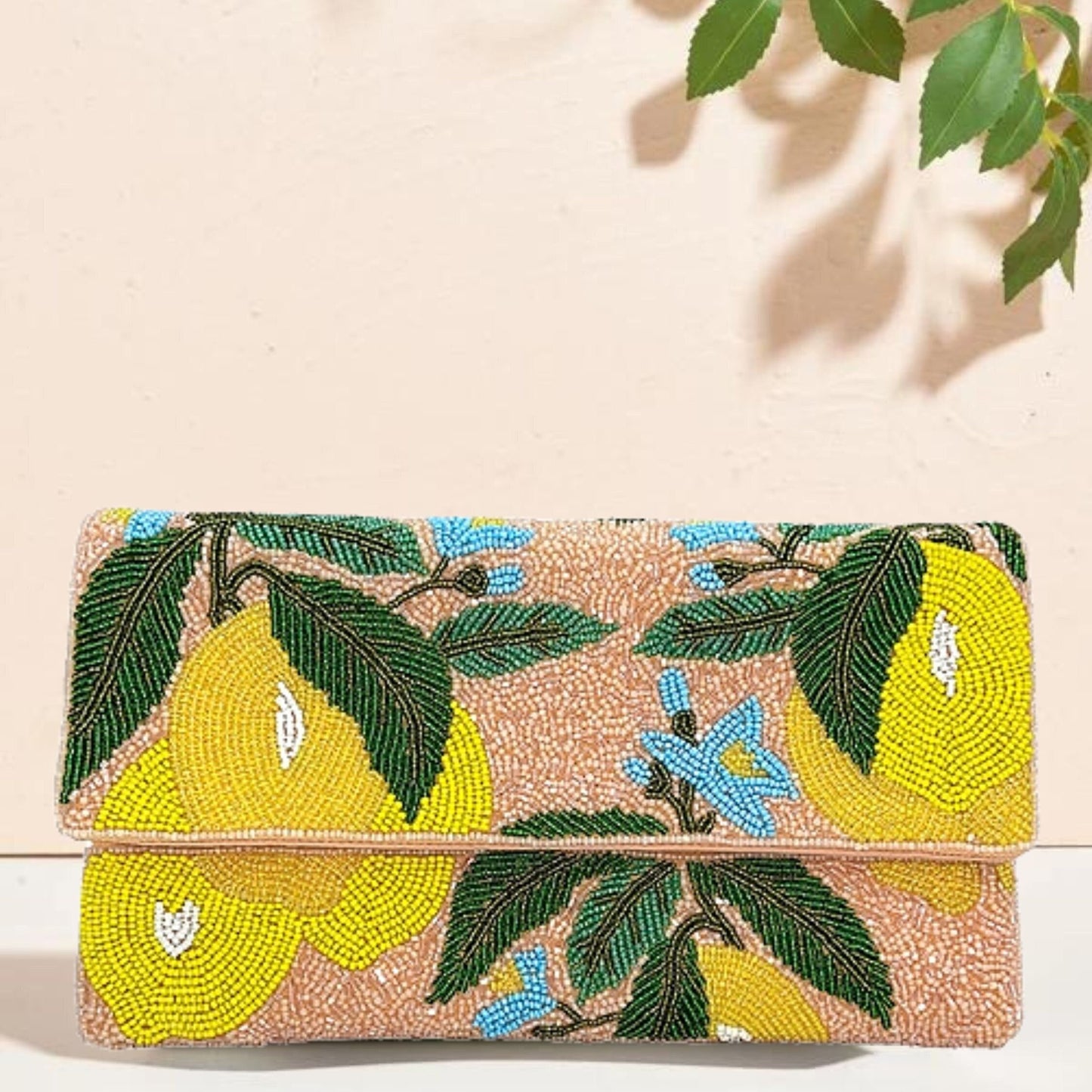 Lemon Citrus Grove Fruit Beaded Crossbody Clutch Handbag
