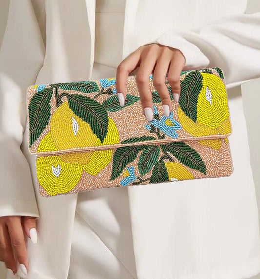Lemon Citrus Grove Fruit Beaded Crossbody Clutch Handbag