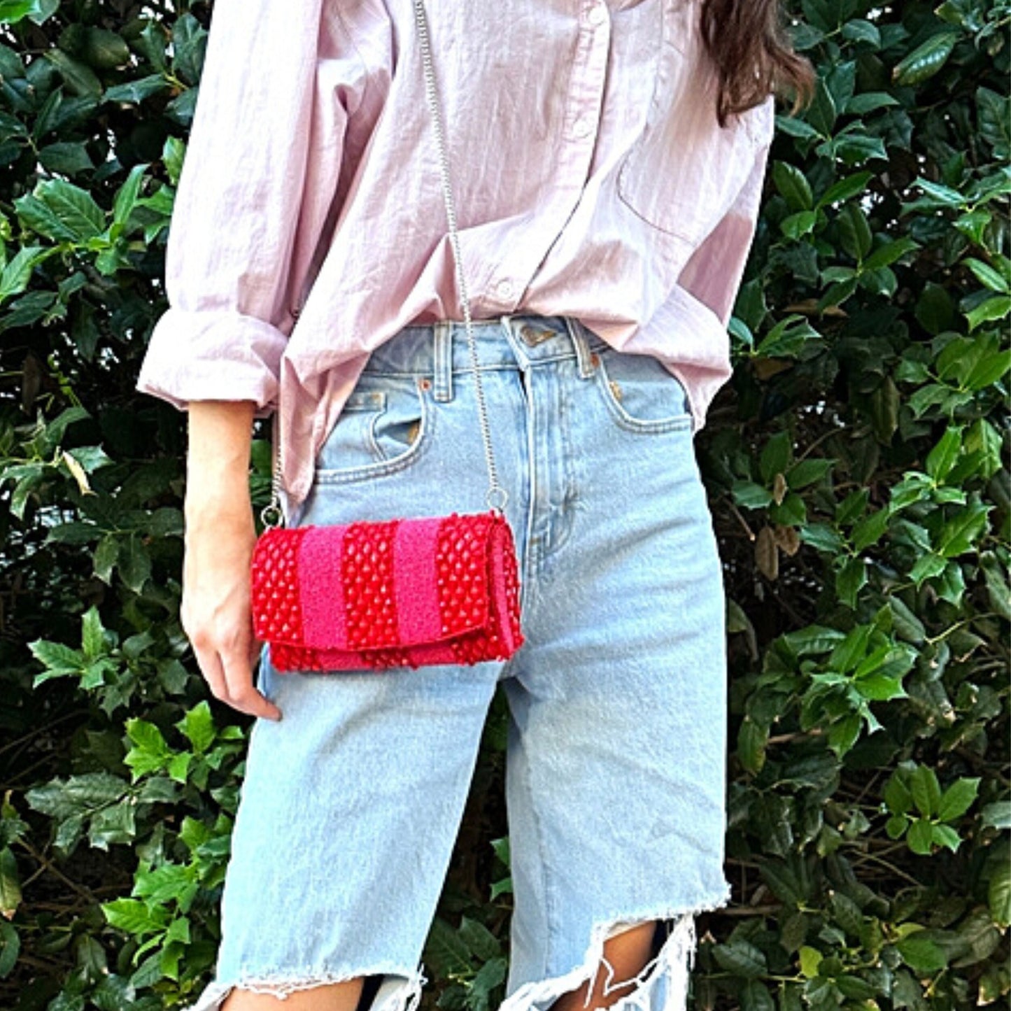 Fuchsia Pink Beaded Small Crossbody Chain Clutch Bag Handbag