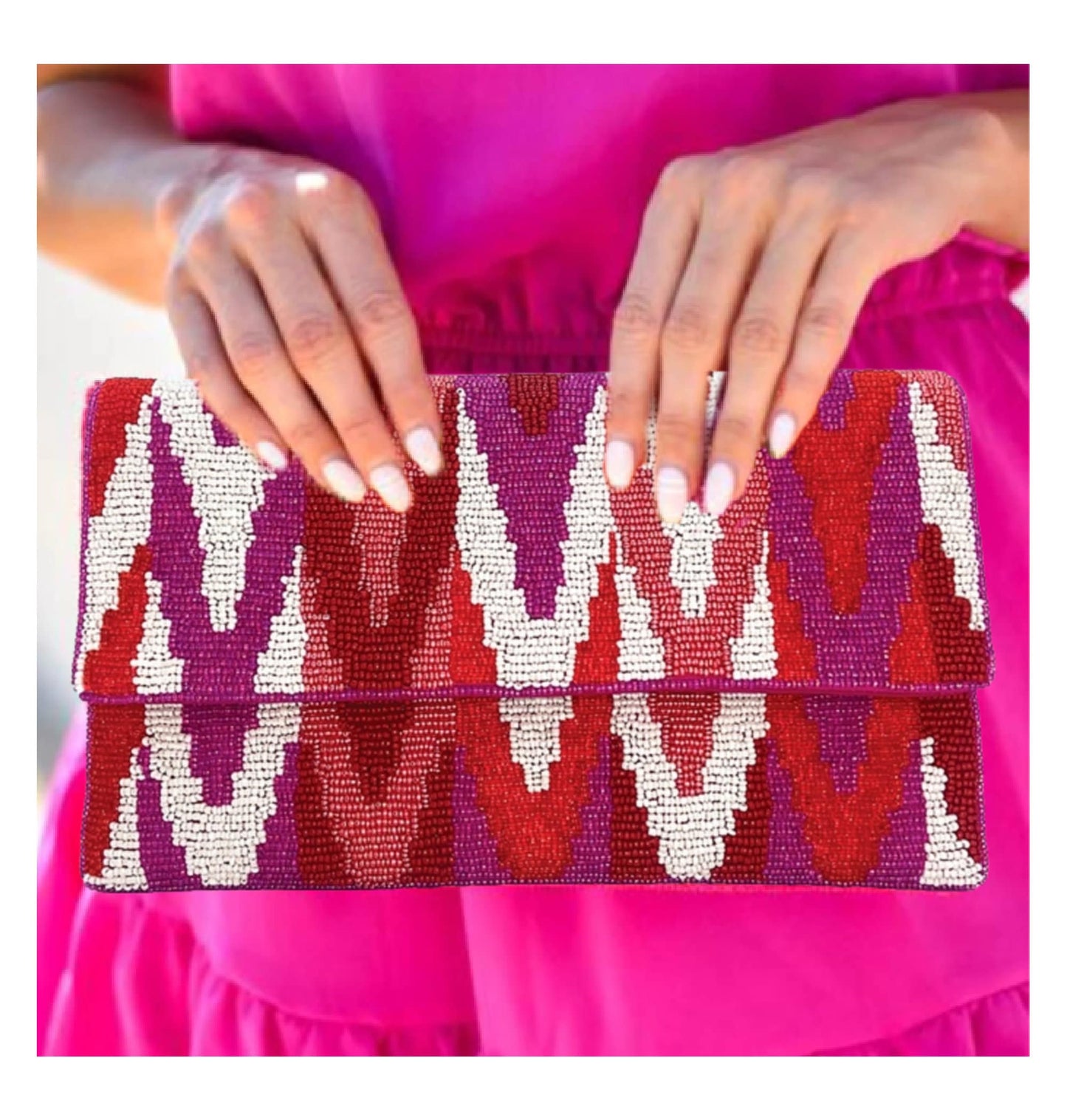 Fuchsia Pink Aztec Beaded Crossbody Clutch Handbag