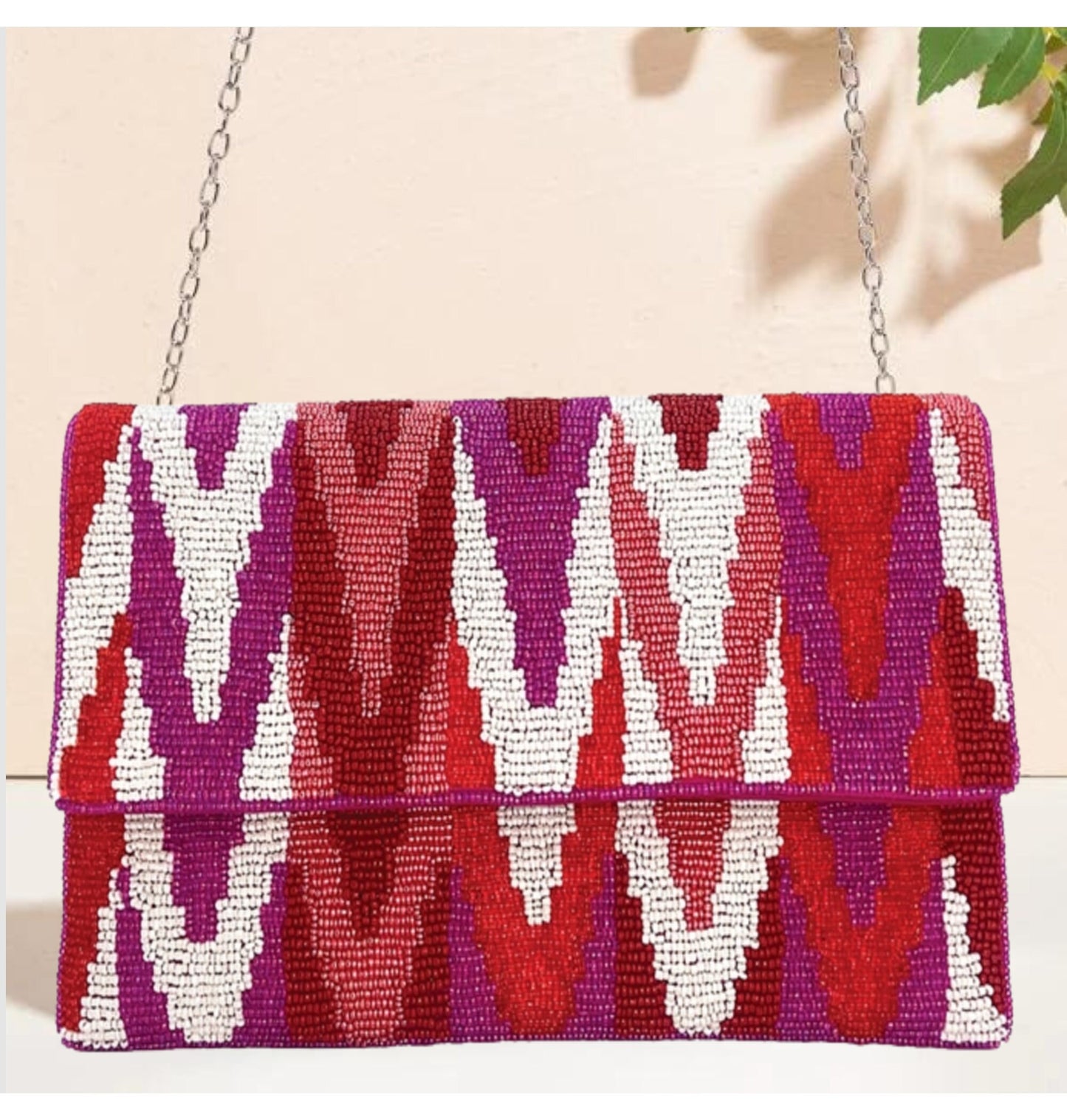 Fuchsia Pink Aztec Beaded Crossbody Clutch Handbag