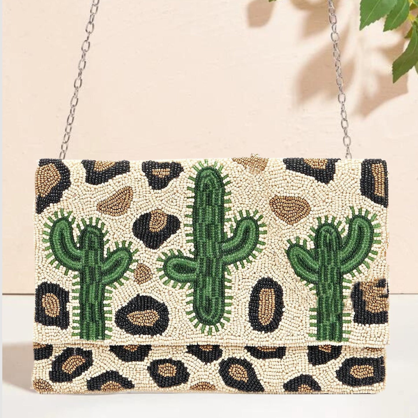 Cactus Leopard Beaded Crossbody Clutch Handbag