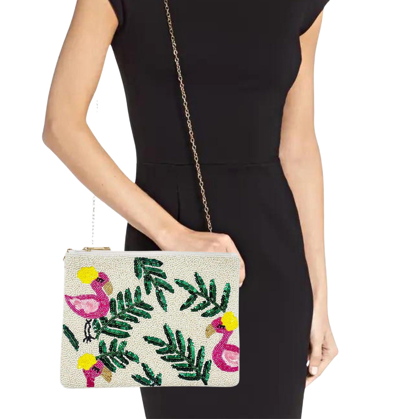 Pink Flamingo Crossbody Clutch Beaded Sequin Resort Handbag