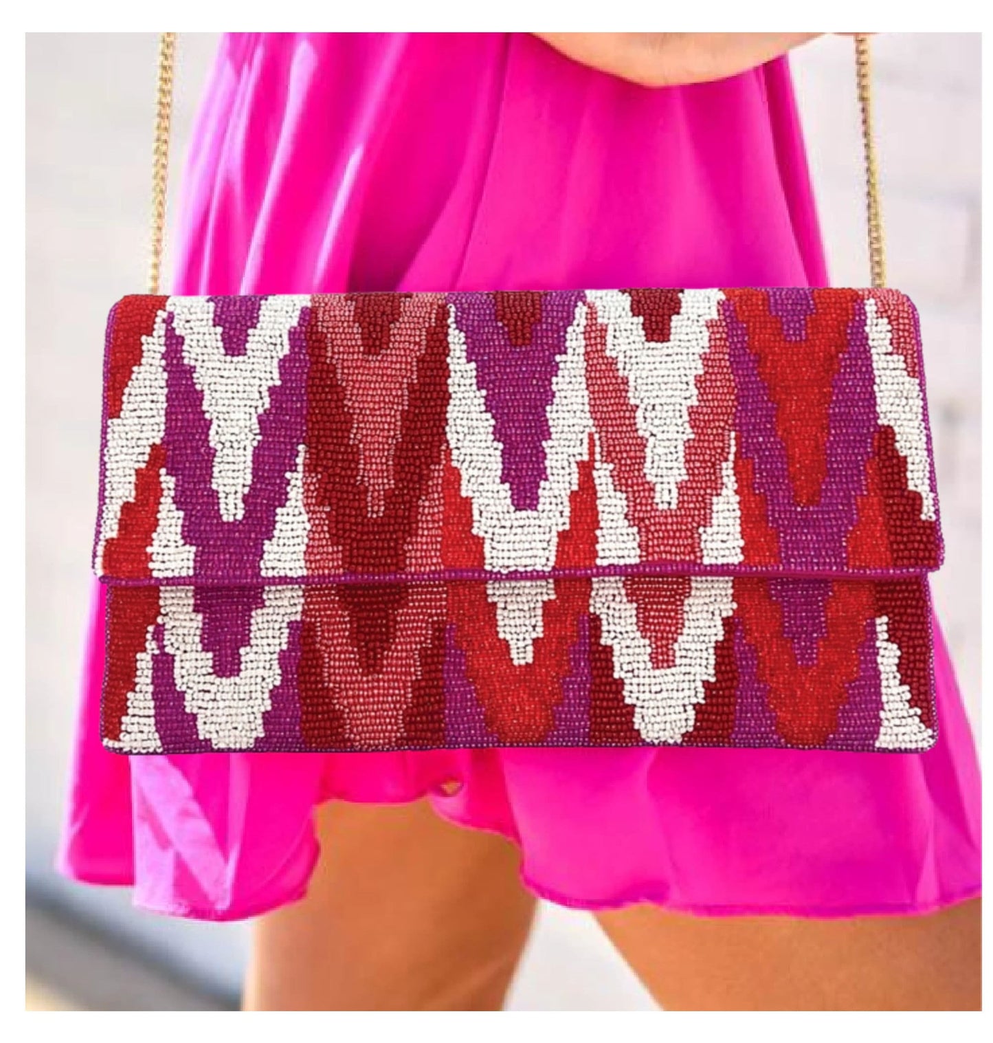 Fuchsia Pink Aztec Beaded Crossbody Clutch Handbag