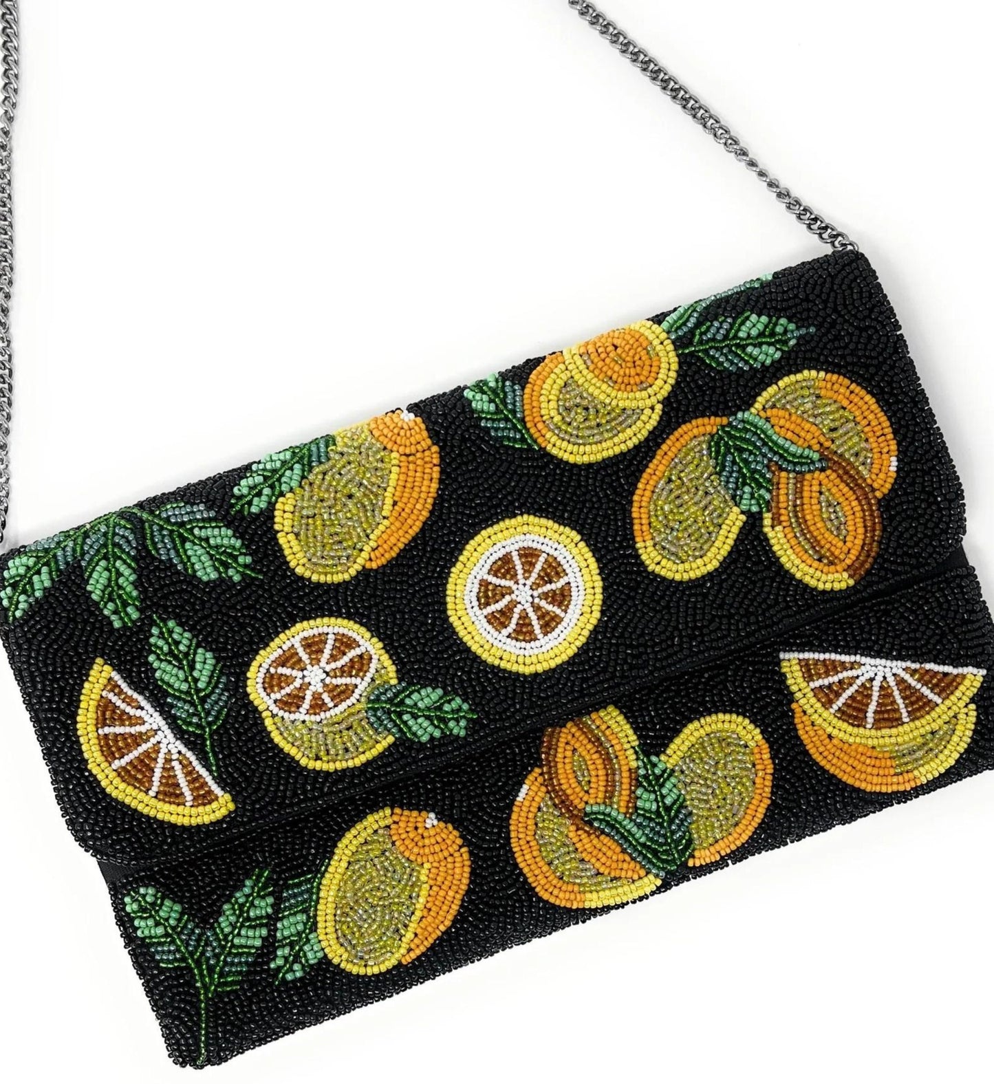 Slice of Citrus Lemon Fruit Beaded Crossbody Clutch Handbag