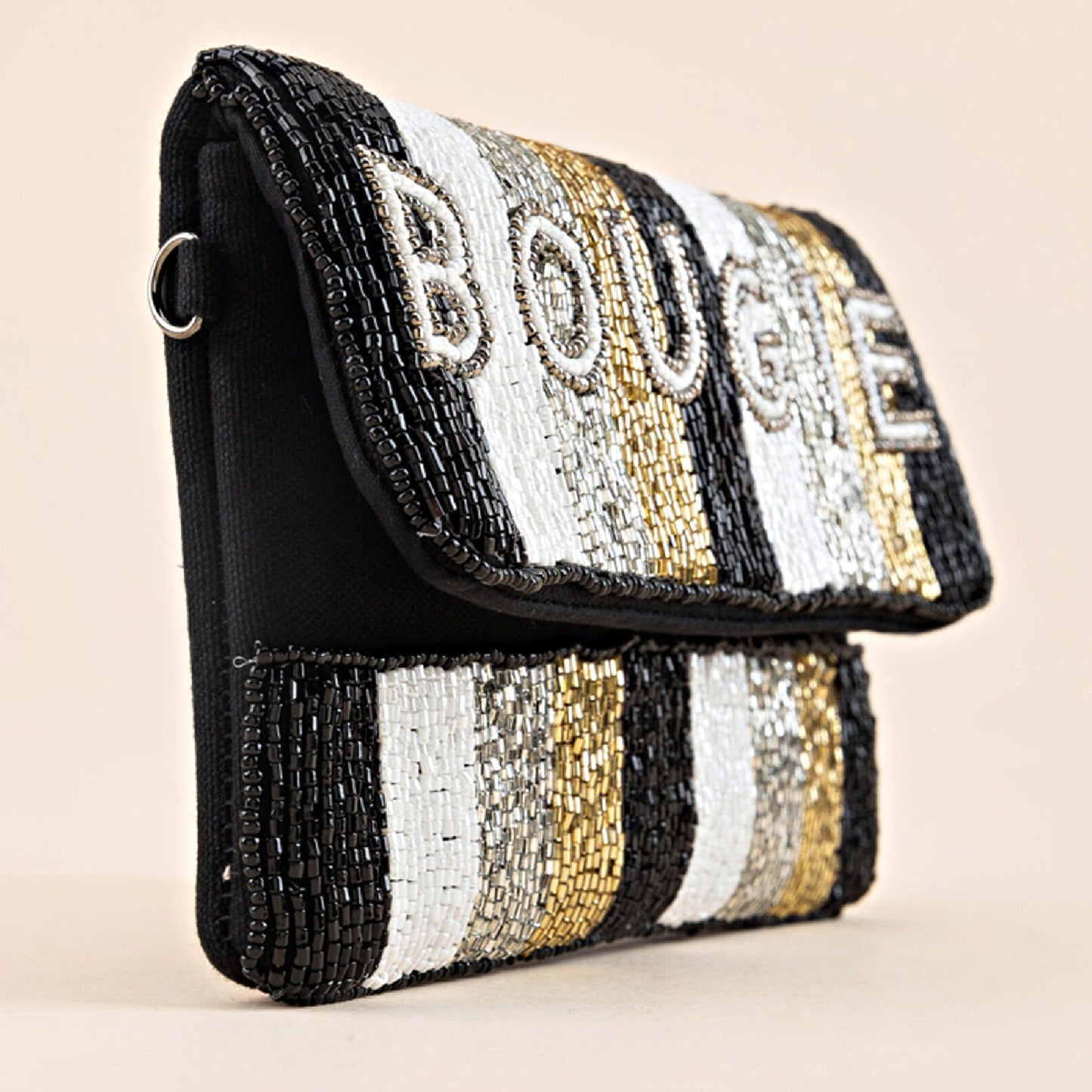 Bougie Wristlet Clutch Black Gold Beaded Handbag