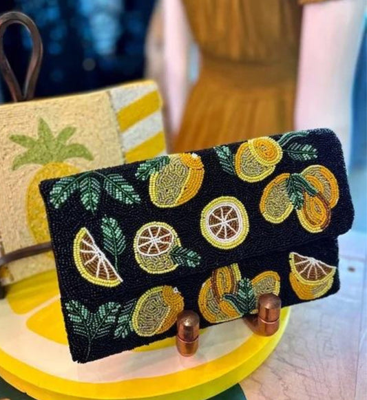Slice of Citrus Lemon Fruit Beaded Crossbody Clutch Handbag