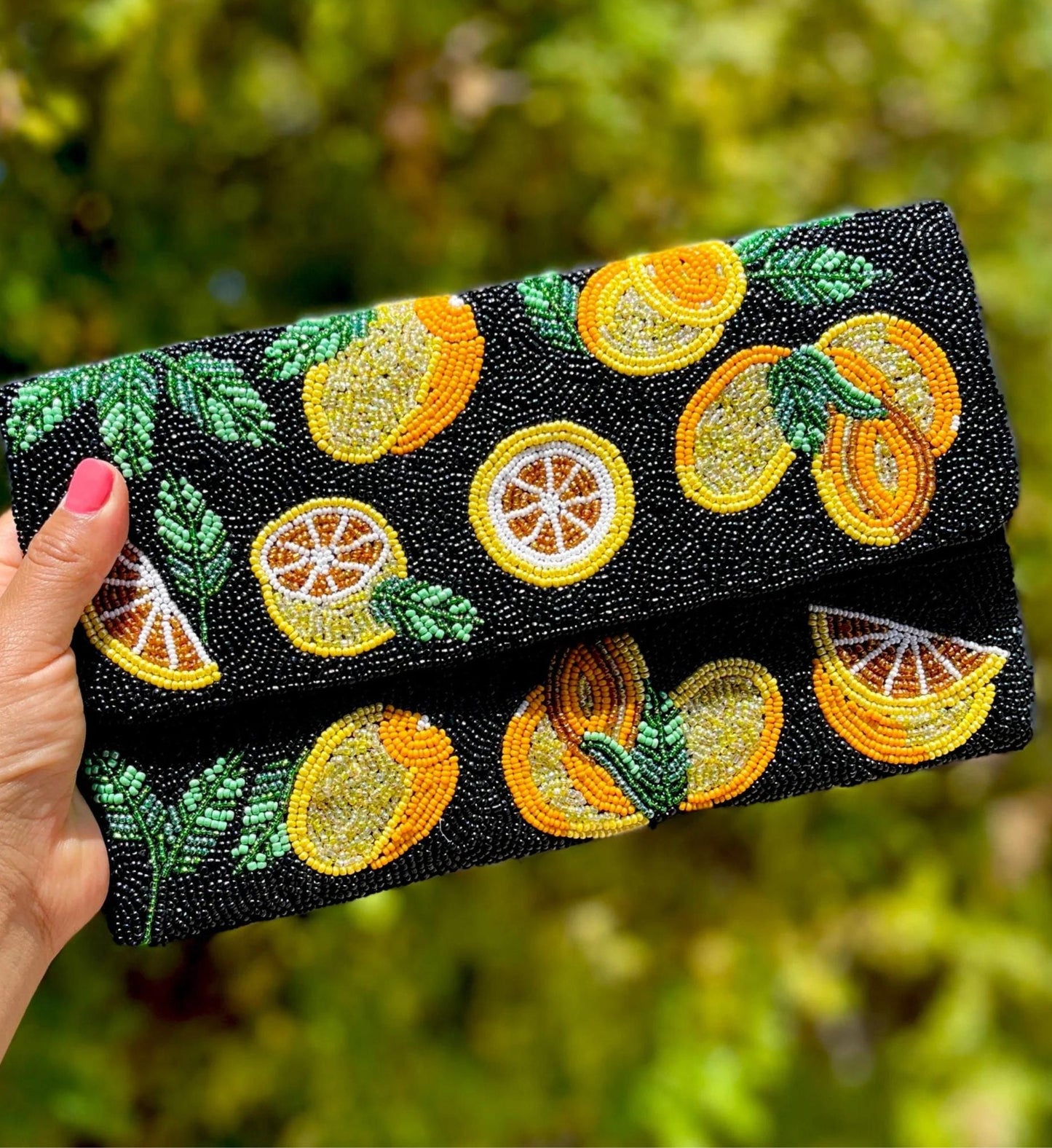 Slice of Citrus Lemon Fruit Beaded Crossbody Clutch Handbag