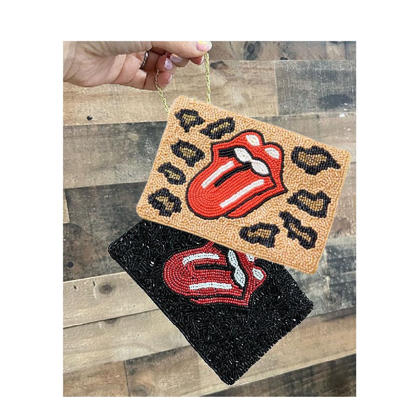 Leopard Rolling Stones Logo Beaded Wristlet Bag