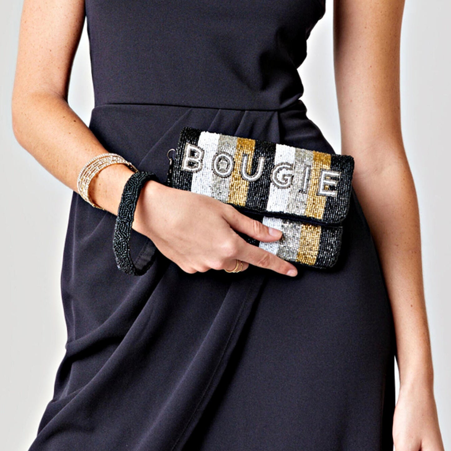 Bougie Wristlet Clutch Black Gold Beaded Handbag