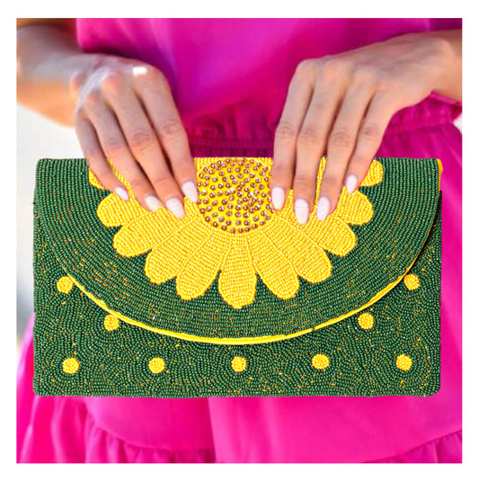 Daisies and Dots Seed Bead Crossbody Chain Clutch Boho Gift Handbag