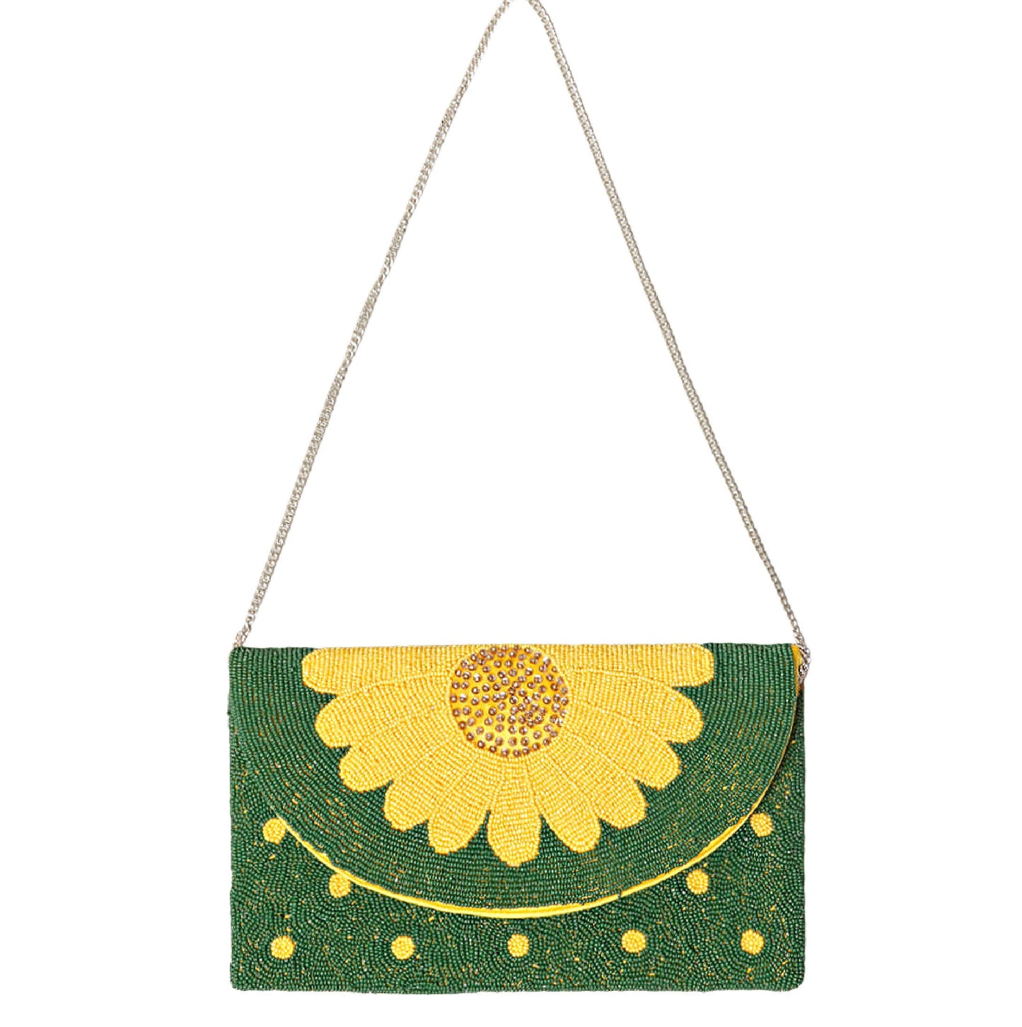 Daisies and Dots Seed Bead Crossbody Chain Clutch Boho Gift Handbag